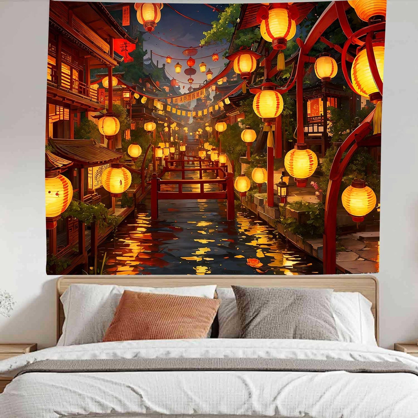 Ine Ive Japanese Tapestry Wall Hanging Large Size 93x71 Inch | Traditional Japan Streets filled with lanterns tapestry for Bedroom Living Room Dorm Office Restaurant Wall Decor BST202