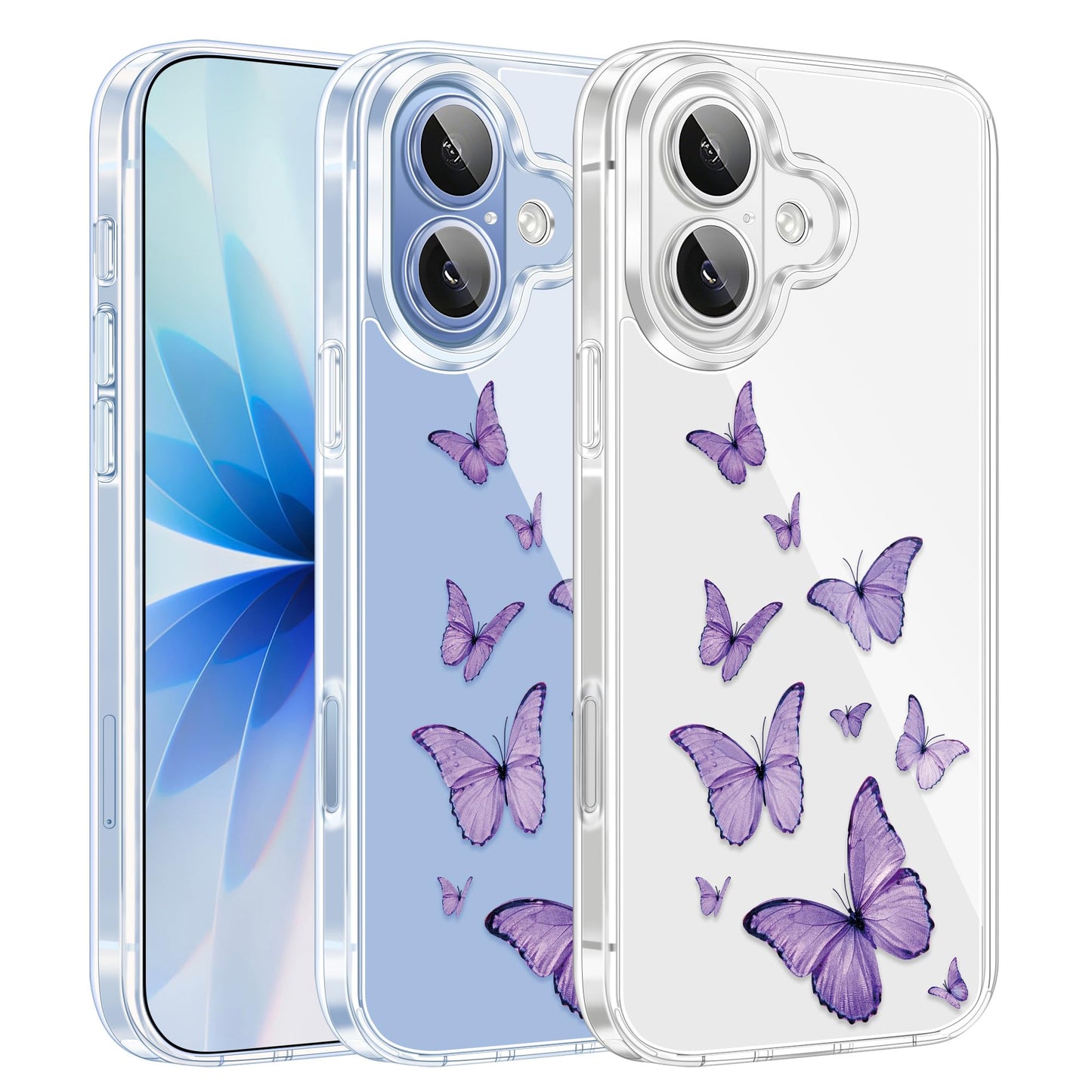 Cute Girly Crystal Clear Case Compatible with iPhone 16 Pro, Camera Control & Shockproof Protection Floral Case for Women, Blue Butterflies WN420