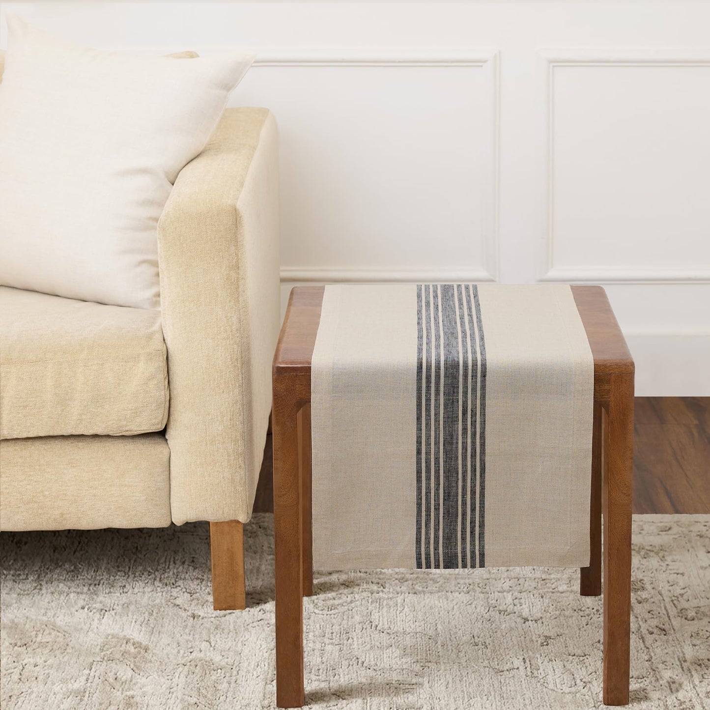 Solino Home 100% Linen Table Runner, 14 x 60 in, Black and White Striped | Farmhouse Table Runners for dining, console and side tables; vintage grain sack centre stripe; Pure Linen; OEKO-TEX Certified BST326SOLH