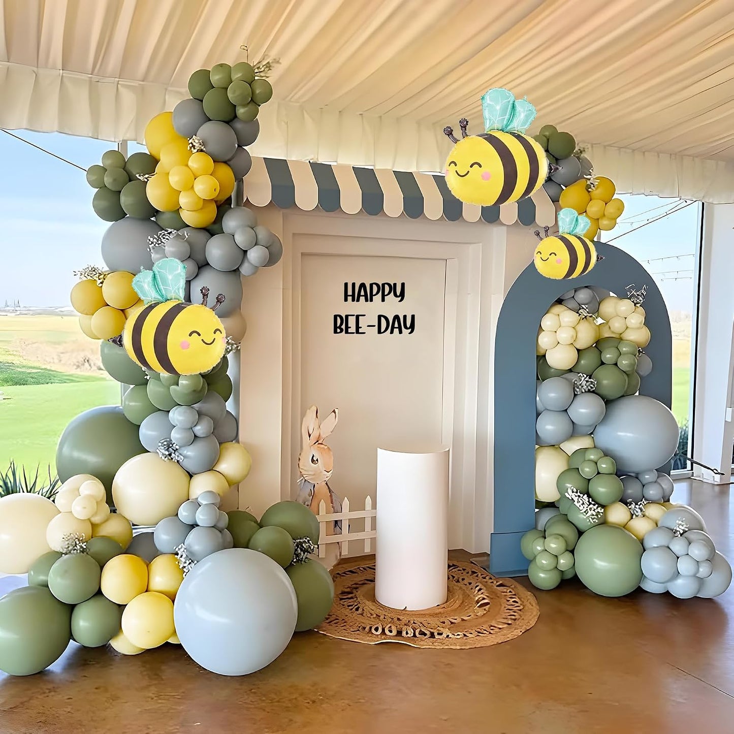 Bee Baby Shower for Boy Balloon Arch with Bee Foil Balloons 113 Pcs 18" 12" 10" Balloon Garland with Sage Green, Baby Blue, Honey Yellow & Sand White Arch for Bear Theme Party Decorations BST202