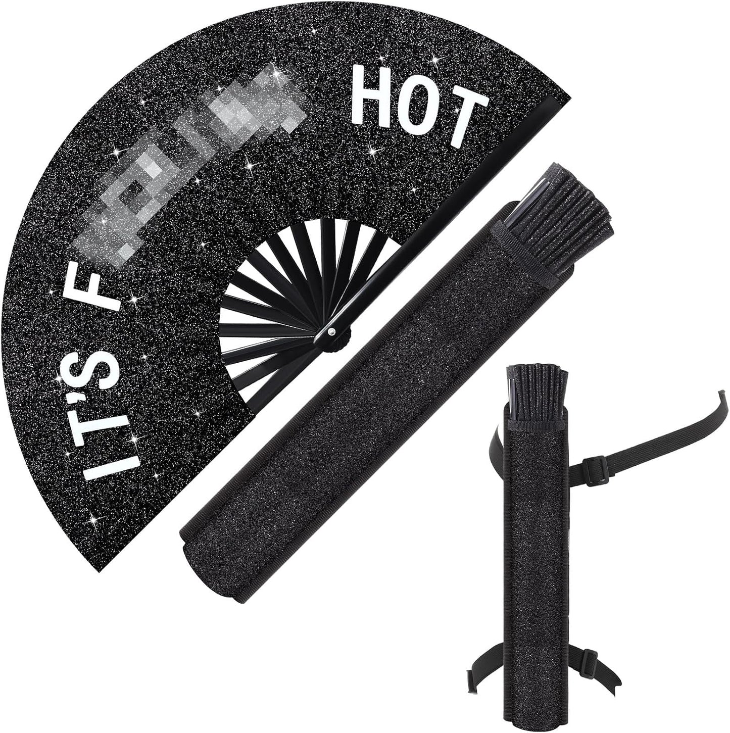 FairySandy Large Rave Fan UV Glow Clack Summer Hand Fan with Thigh Holster for Women Carnival Party Supplies for Carnival Edm Music Festival Club Accessories(Cool Style,Black) WN420