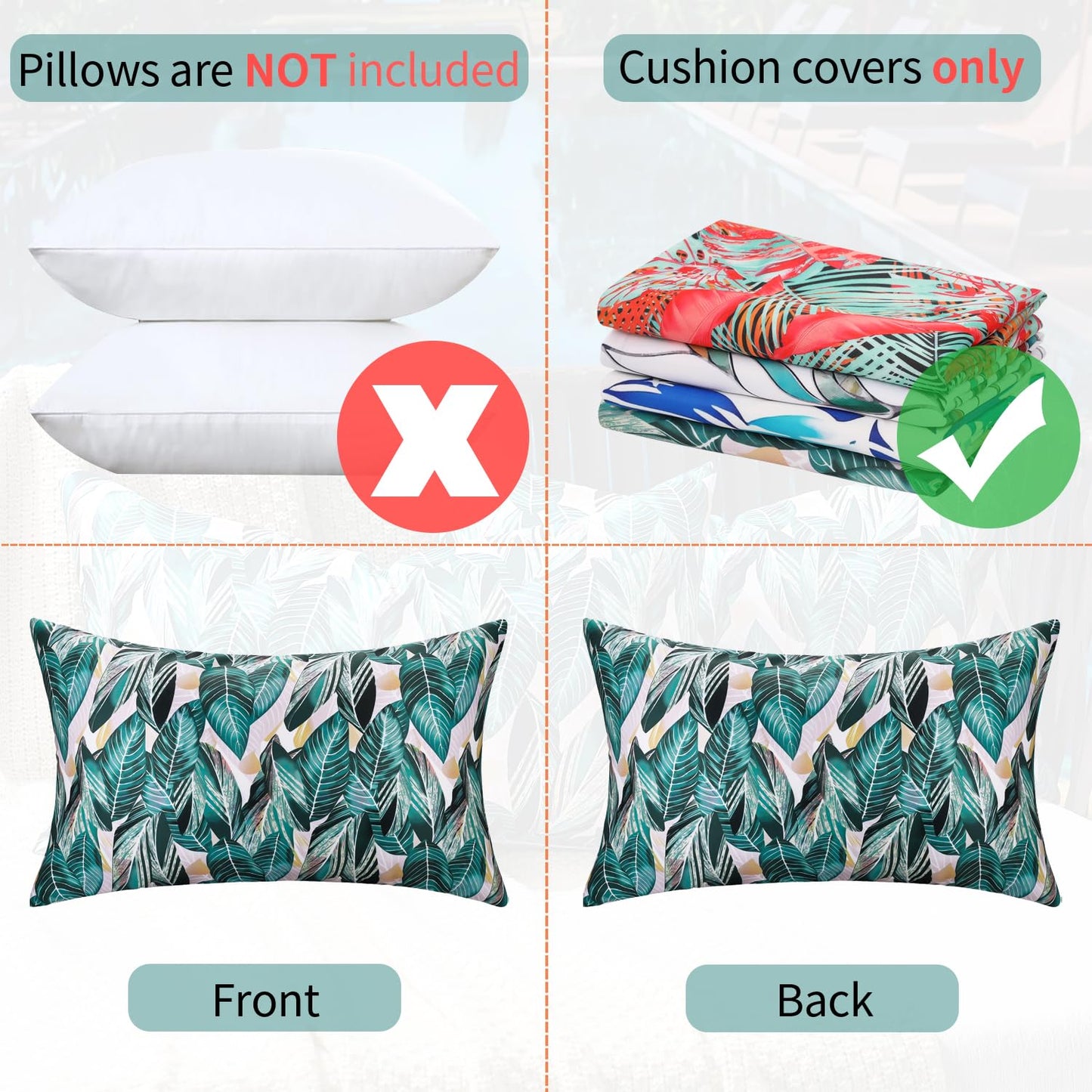 Outdoor Waterproof Pillow Covers Summer Decorative Throw Pillow Covers Tropical Leaf Couch Covers 20x20 Set of 2 Square Outdoor Floral Cushion Cases for Patio Furniture Garden Tent Balcony Bench BST220