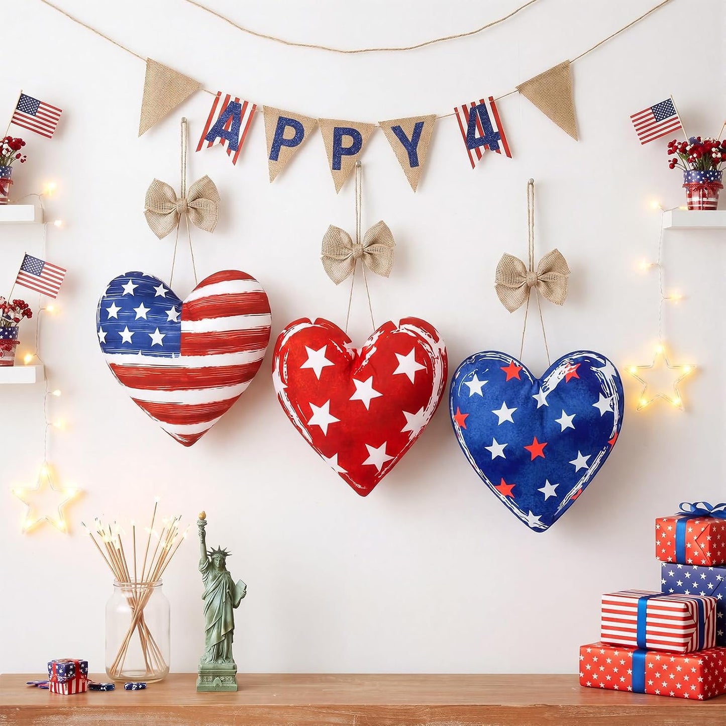 Moukeren 3 Pcs 4th of July Tree Decorations 12 Inch Large Red White Blue Decorations Patriotic Mantel Decor Fabric Heart Hanging Ornaments for Independence Day 250th Anniversary Rustic Farmhouse Style BST202