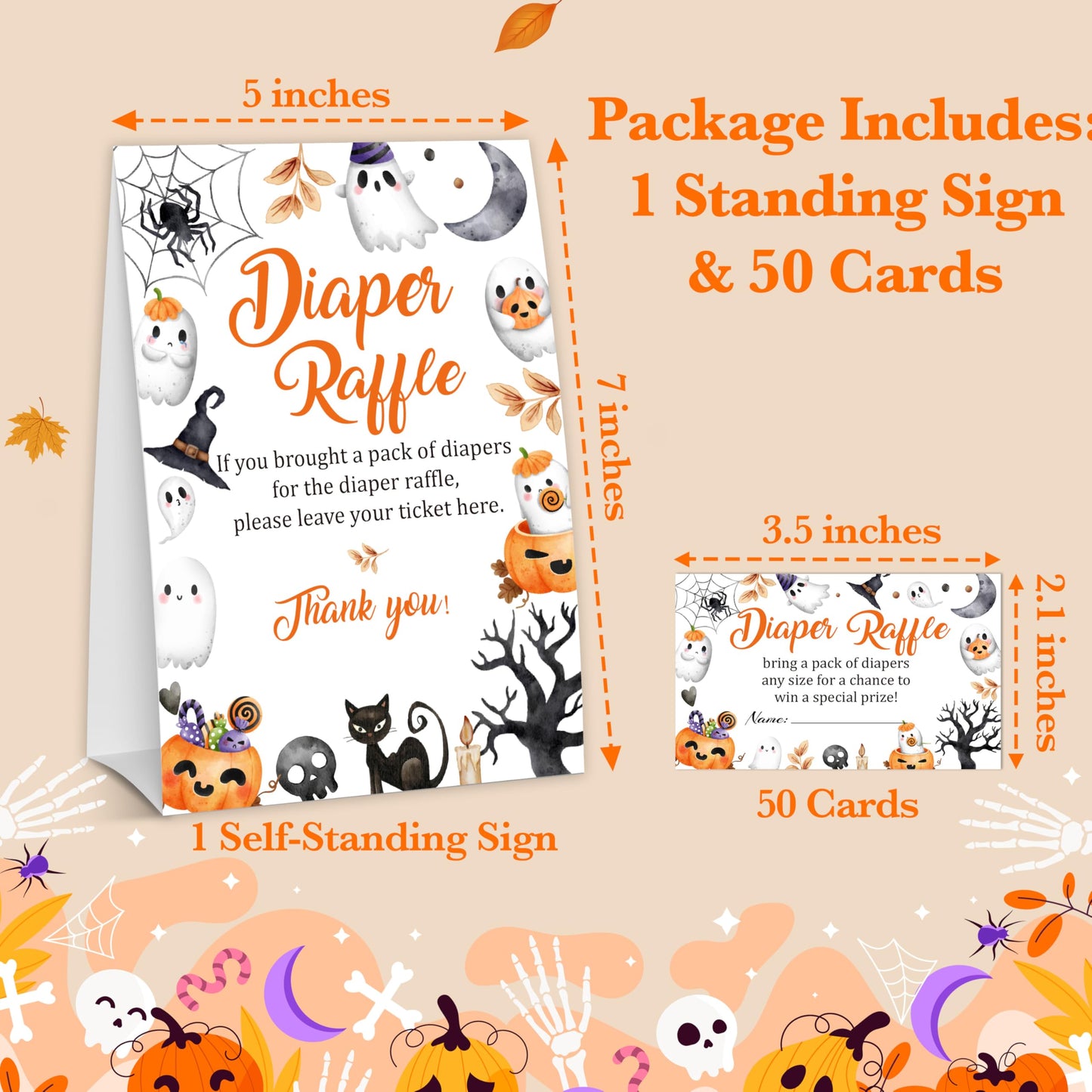 Halloween Baby Shower Measure The Baby Bump, 1 Self-Standing Sign + 50 Tickets for Little Ghost Gender Reveal Announcement Party Favor Supplies - D12 BST326L