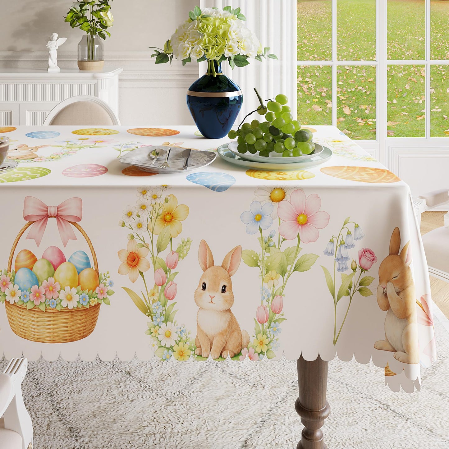 Easter Tablecloth 60x84 Inch Rectangular, Spring Tablecloth, Plaid Bunny Egg Washable Polyester Table Cloth, Fabric Table Cover for Party Picnic Dinner Decor,Easter E BST326H
