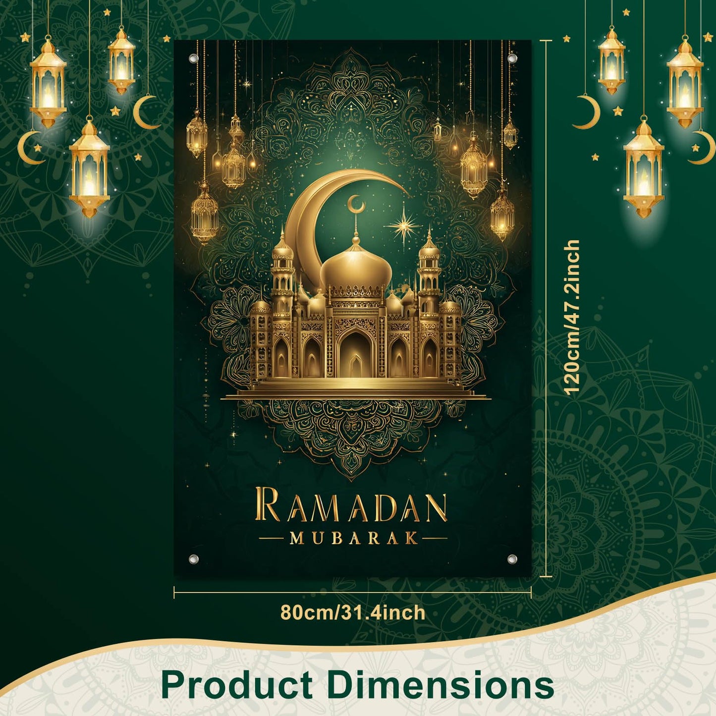 HOMETITUTE Eid Ramadan Window Banner Holiday Curtain Backdrop 31x47 Fabric | Mubarak Cover Festival Screen Windows Banner Hanging Living Room Bedroom Home Crescent Moon Star Pattern Design BST326H