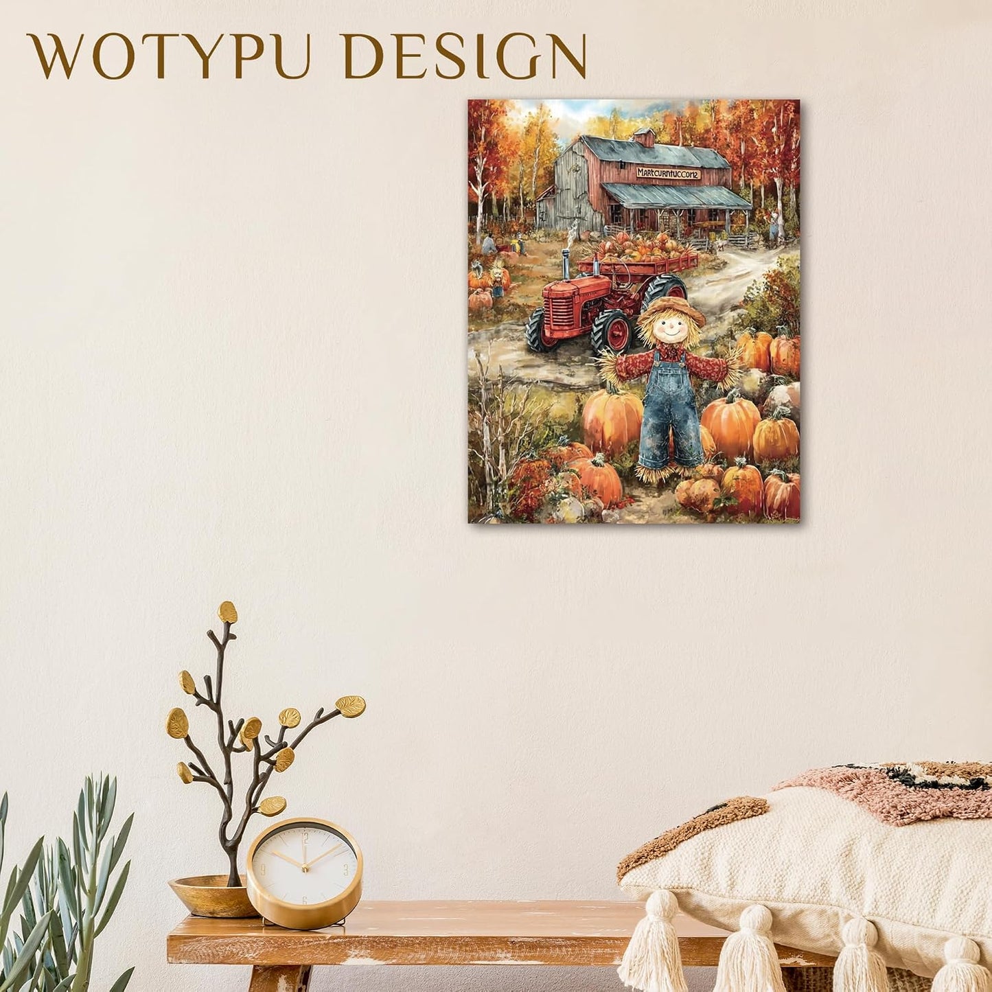 WOTYPU Fall Farmhouse Wall Art Decor, Farmhouse Fall Decor, Rustic Pumpkin Patch Scarecrow Truck Harvest Autumn Thanksgiving Framed Canvas Prints Poster Wall Decorations for Farm Home, 11x14 BST326H