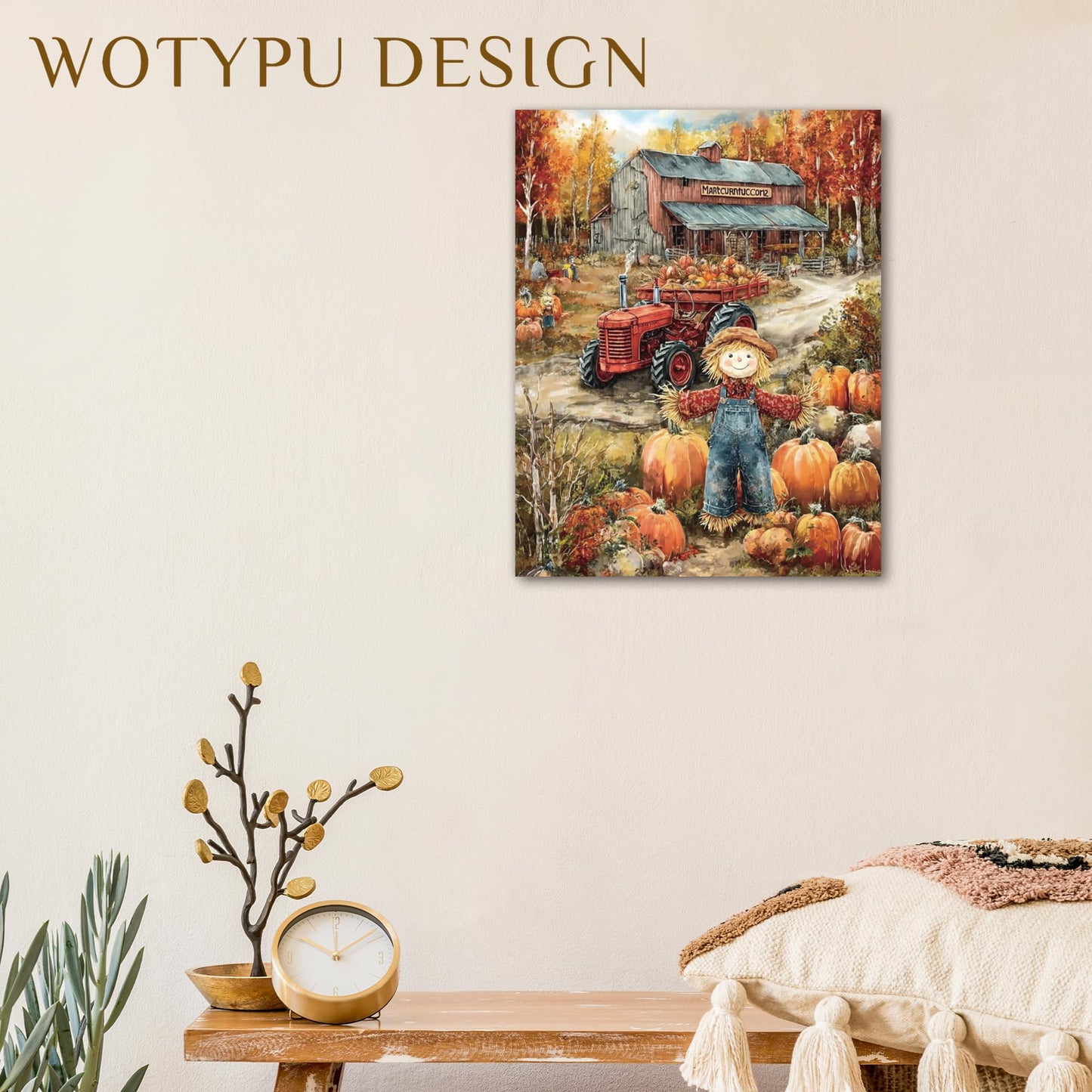 WOTYPU Fall Farmhouse Wall Art Decor, Farmhouse Fall Decor, Rustic Pumpkin Patch Scarecrow Truck Harvest Autumn Thanksgiving Framed Canvas Prints Poster Wall Decorations for Farm Home, 11x14 BST326H