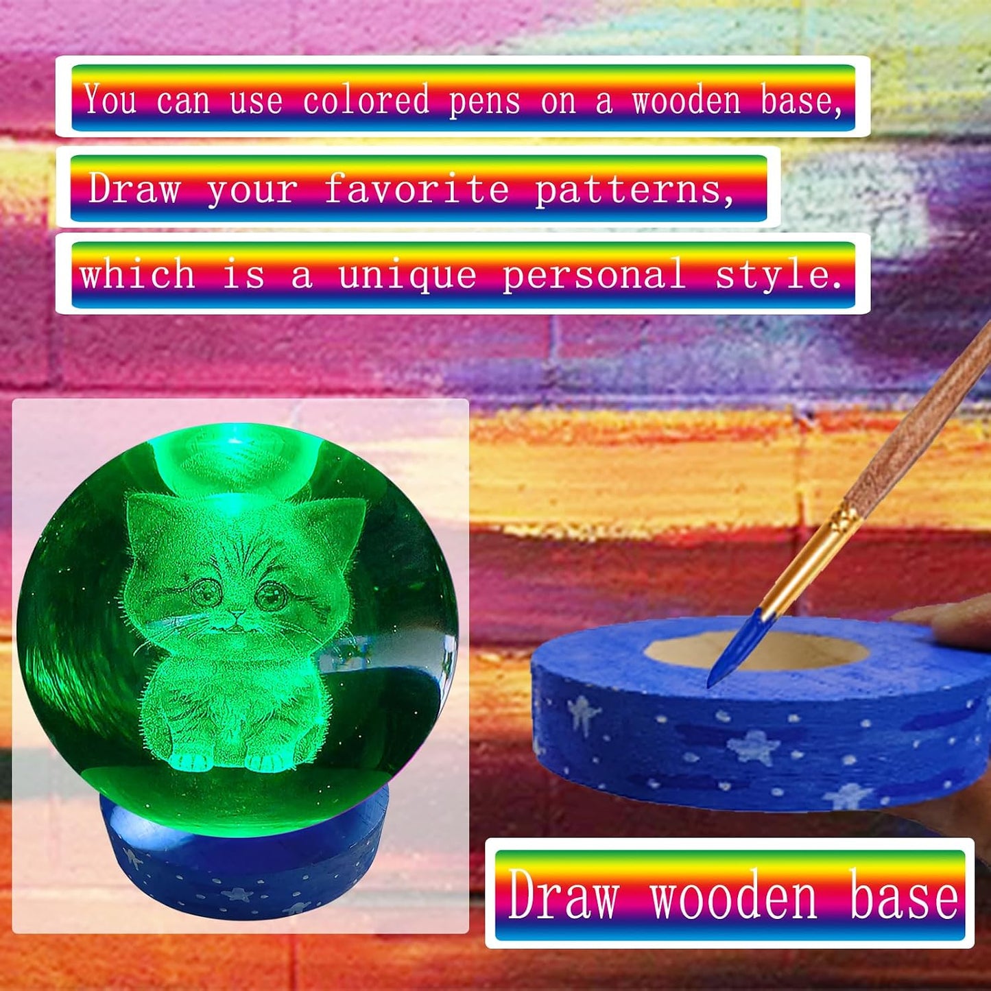 3D Kitten Crystal Ball 3.15" / LED Gradient Color Wooden USB Switch Base/Cat-Themed Couple Gift/Birthday,Christmas Gifts for Women WN420