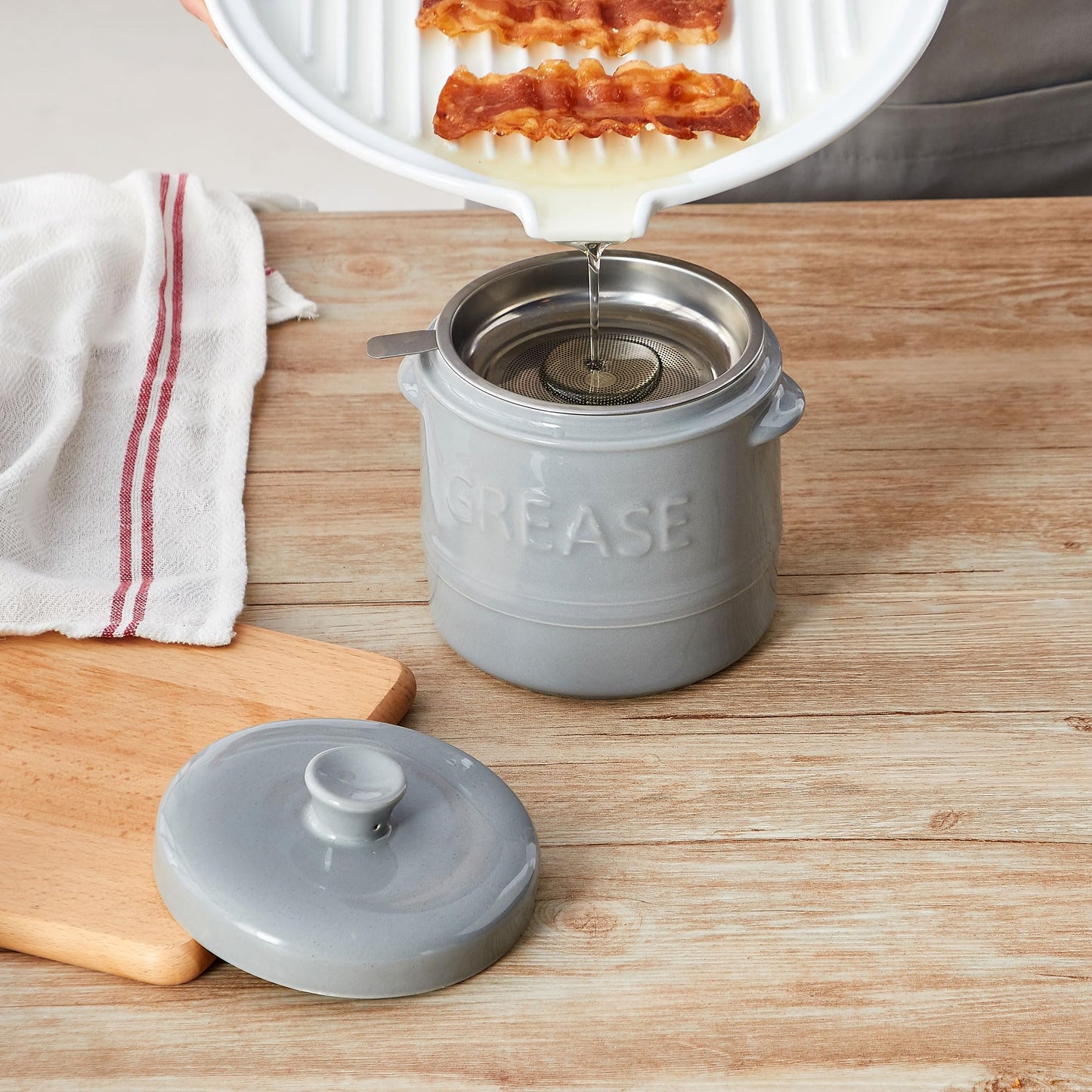 ONEMORE Ceramic Bacon Grease Container with Strainer N25