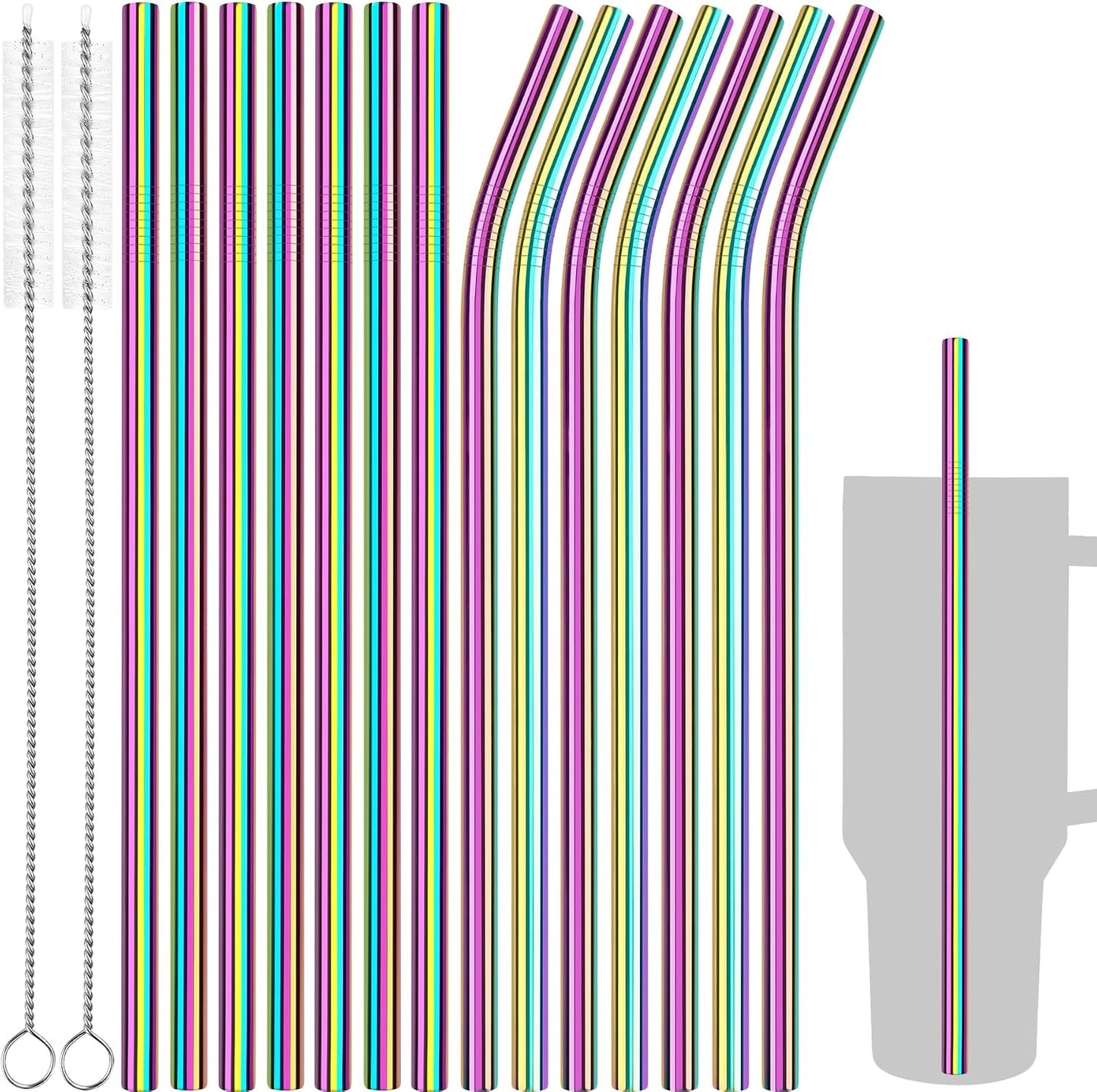 Tomorotec 14PCS Stainless Steel Straws Fit for 30oz Stanley Tumblers | 11" Reusable Drinking Straws with Brush, 7 Bent & 7 Straight for Smoothies, Milkshakes, Coffee, Dishwasher Safe (Metallic) BST326L