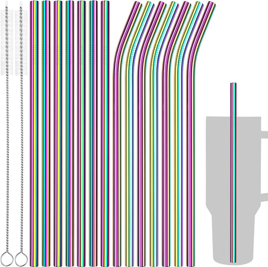 Tomorotec 14PCS Stainless Steel Straws Fit for 30oz Stanley Tumblers | 11" Reusable Drinking Straws with Brush, 7 Bent & 7 Straight for Smoothies, Milkshakes, Coffee, Dishwasher Safe (Metallic) BST326L