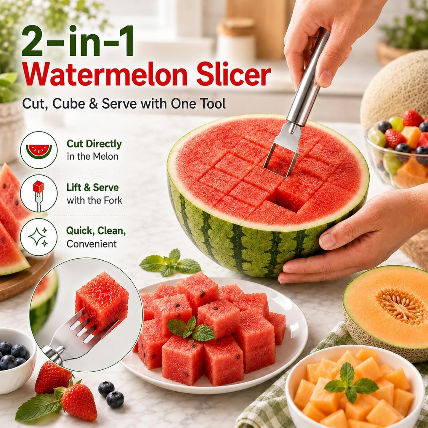 3 PCS Watermelon Cutter, 2-in-1 Watermelon Slicer & Fork, Stainless Steel Watermelon Cube Cutter Tool, Portable Dual-Head Melon Fruit Slicer Tools for Home Parties, Picnic, Camping and Kitchen Gadgets BST220