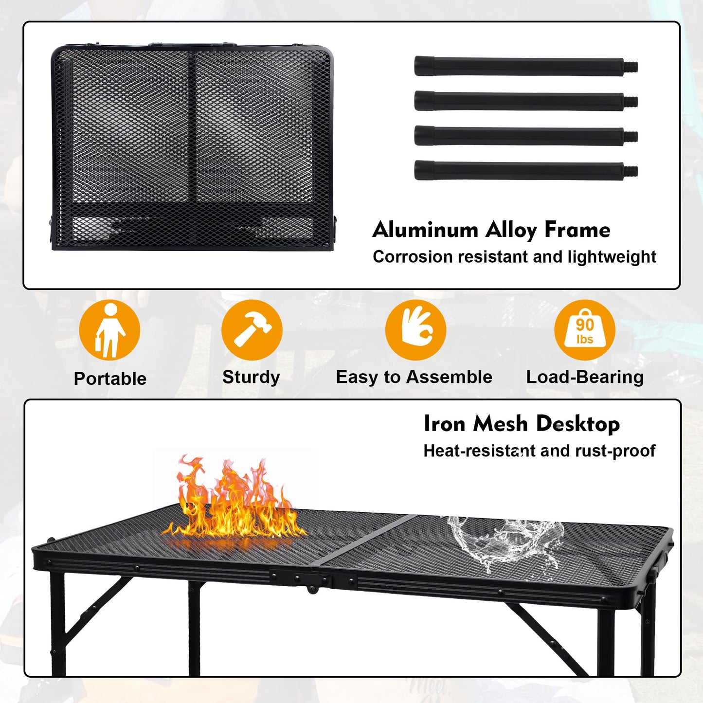 GREGIN Camping Table with Mesh Desktop, Lightweight & Portable Folding Grill Table N27
