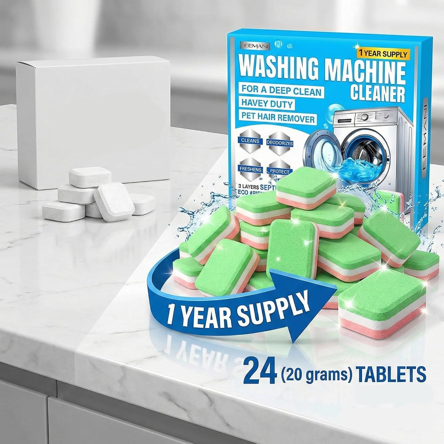 3-Layer Washing Machine Cleaner Tablets 24 Pack, Heavy Duty Deep Cleaning, Descaling & Odor Elimination suitable for Pet Owners, Septic-Safe & Eco-friendly Washer Cleaner for Front & Top Load washers BST202