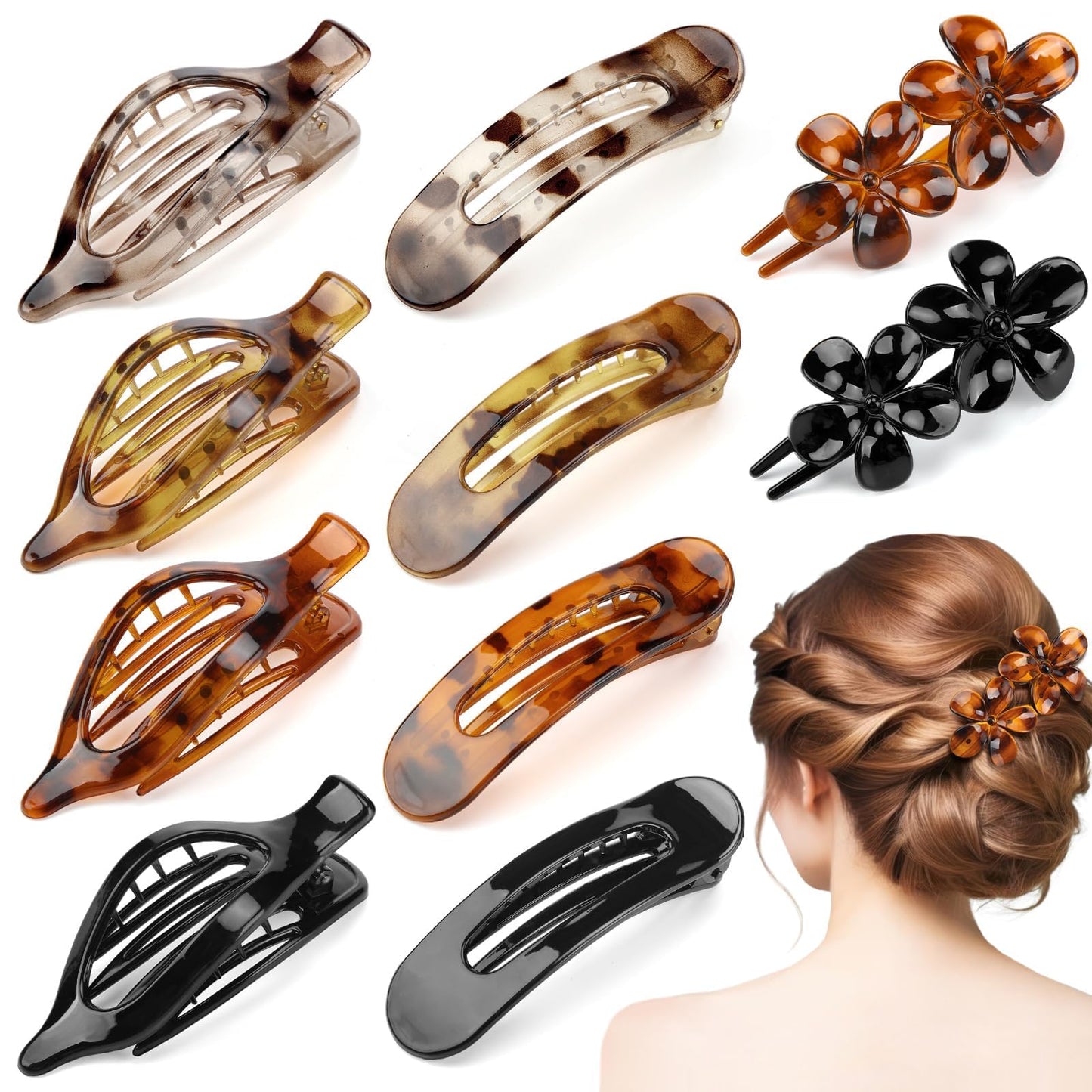 8 Pcs Flat Hair Clips for Women, 2 Styles Large Flat Claw Clips for Women, Strong Hold Non-slip French Hair Clips for Thick Thin Hair, Neutral Color WN420