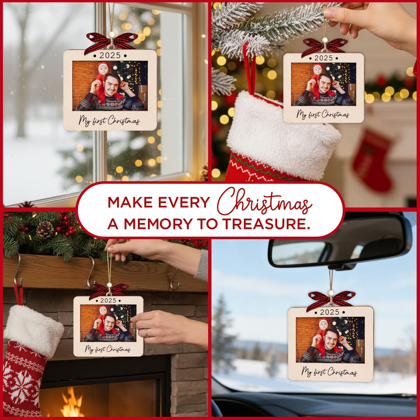 Hangwoous Baby's First Christmas Photo Frame Ornament 2025 | Wooden portrait frame keepsake, first Christmas photo gift for baby BST202