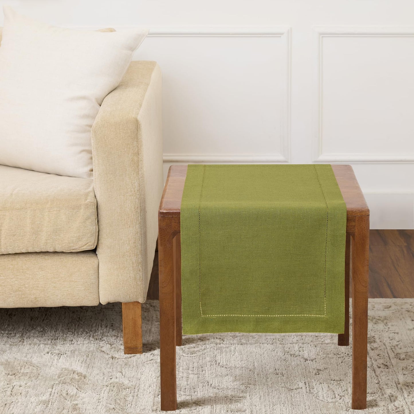 Solino Home 100% Pure Linen Table Runner Garden Green Hemstitch, 14 x 48 in | Classic Hemstitch Table Runners for dining, hallway and console table styling | hand hemstitched borders | OEKO-TEX Certified BST326SOLH