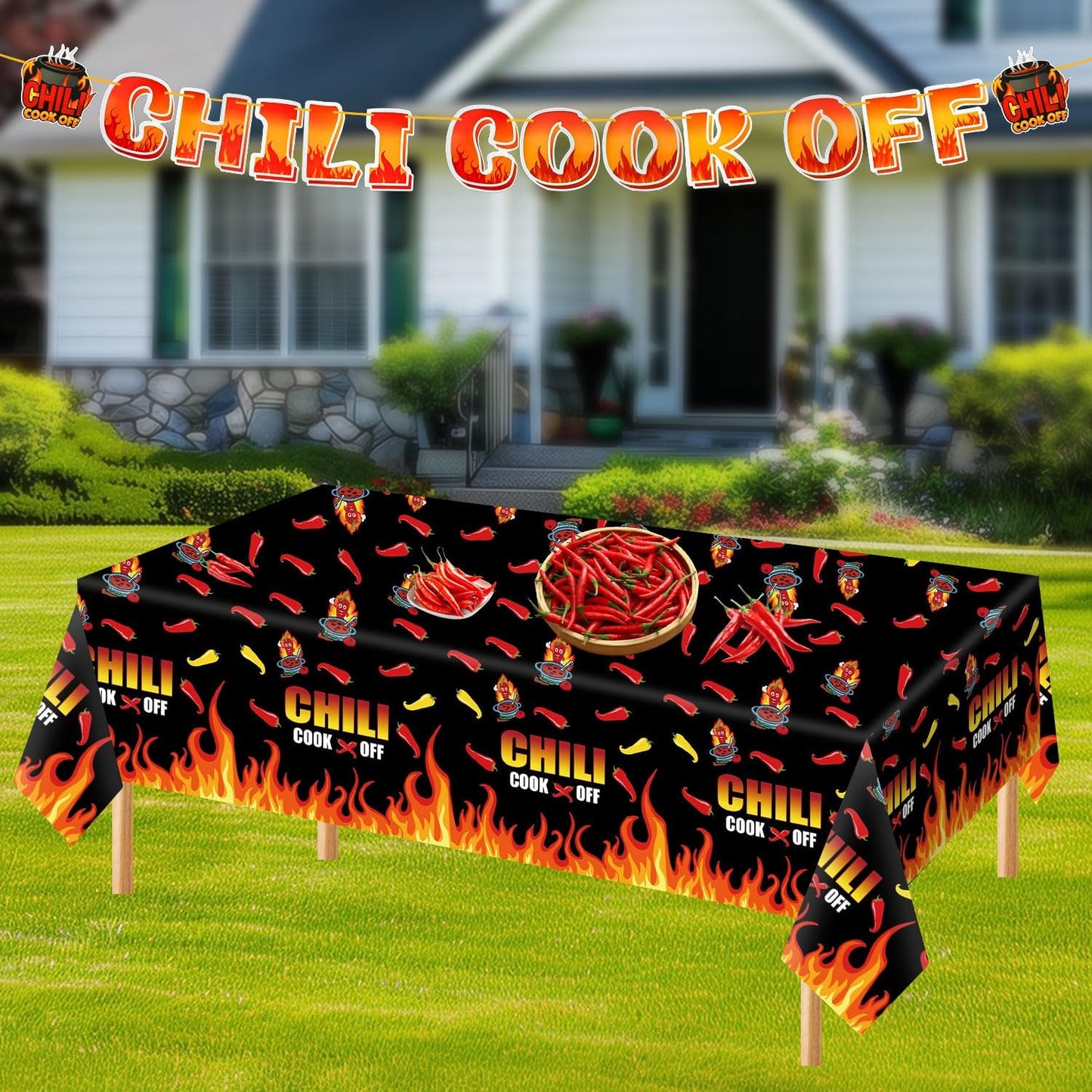 4Pcs Chili Cook Off Decorations Set Include 3P 51.2" x 86.8" Disposable Chili Pepper Flame Plastic Table Covers and Chili Cook Off Banner Chili Cooking Contest Party Supplies Chili Pepper Decorations BST326L