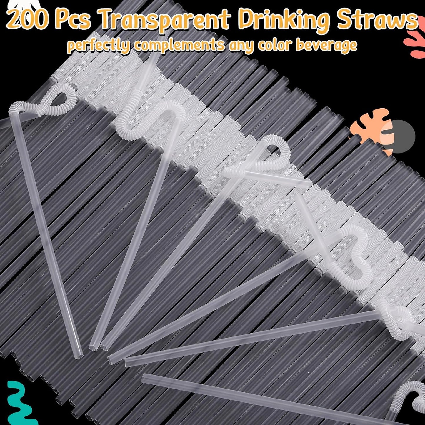 Qinyoung 200 Pcs Flexible Plastic Straws, Disposable Bendy Drinking Straws, 13" Extra Long Fancy Drinking Supplies for Summer Party Party Decoration Juice Restaurants Cafe Bars Birthday(Clear) WN420