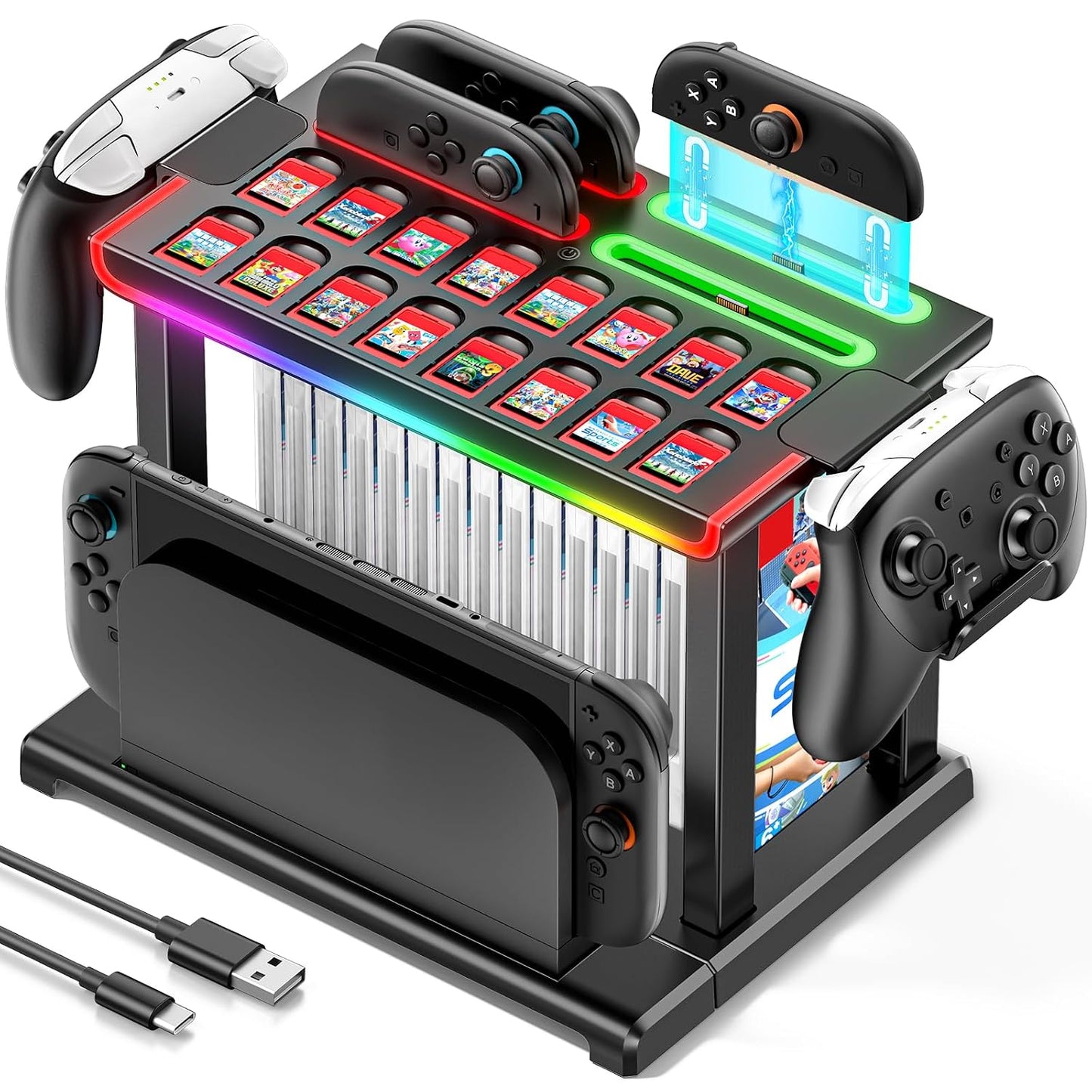 Switch 2 Dock Organizer Station with Joycon2 Charger, 4 Charging Dock for Switch2 Joycons, Storage for 16 Switch2 Games & 16 Game Cases, Pro Controllers & Switch 2 Console Dock Organizer Accessories WN420