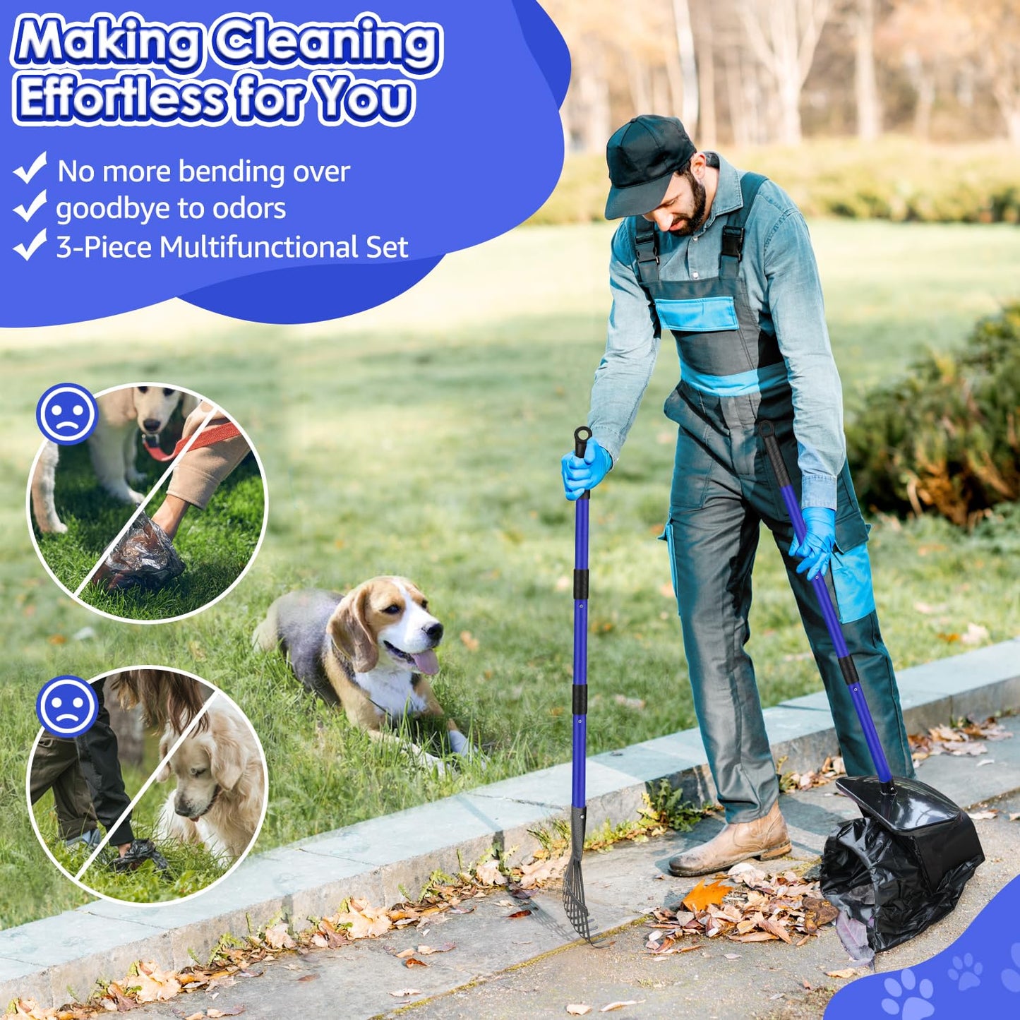 SlowTon Dog Pooper Scooper - 37.4" Long Metal Handle Adjustable Rake & Spade & Swivel Bin with 10 Waste Bags, Portable Pooper Scooper N3233