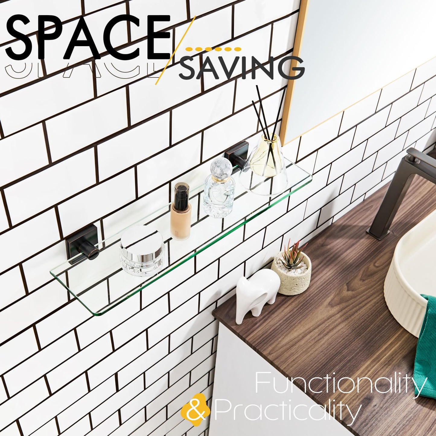 KOKOSIRI Glass Shelf for Bathrooms Floating Shelves Wall Mount 16-Inch for Shower Storage Kitchen Rack, 2 Pack Brushed Stainless Steel B1107BR-L16-P2 BST202