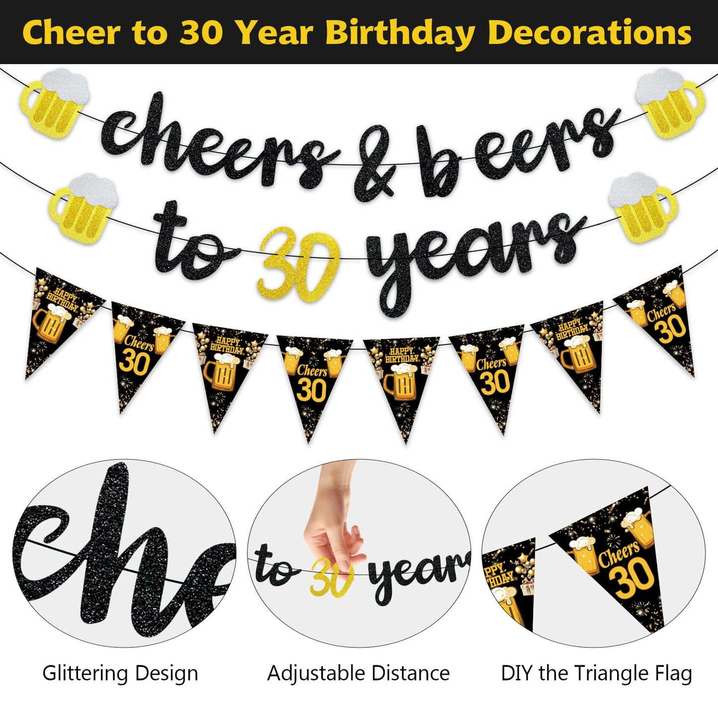 Black Gold 90th Birthday Decorations for Men Women, Glitter Pre-Strung Cheers to 90 Years Banner Hello 90 Hanging Swirls Paper Triangle Flag Banner Decorations Bday Party Supplies Kit WN420