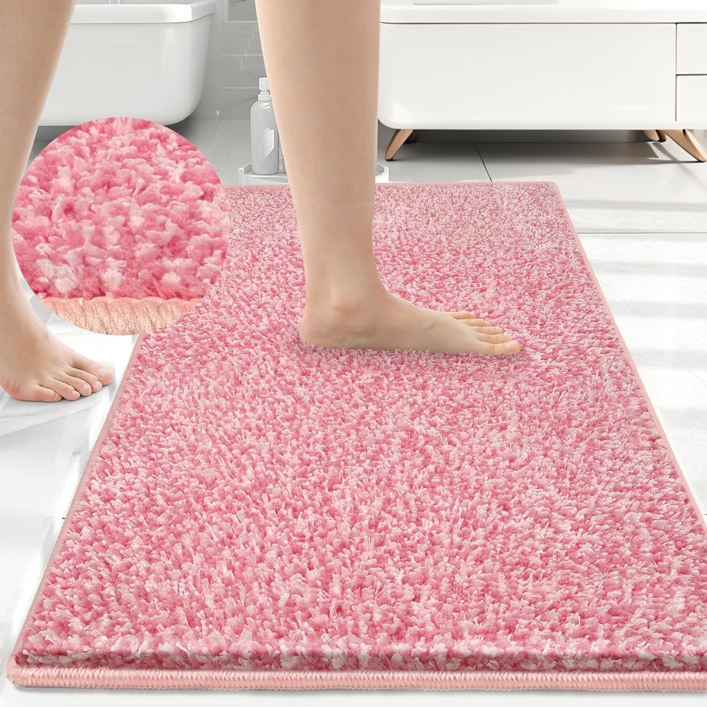 HDFK Bathroom Rugs | Non Slip Washable Bath Mats 24x16 Inches 2 Tone Soft Chenille Medium Pile TPR Floor Mat | High Absorbency Quick Dry Grey and White | Shower Rug for Wet Dry Zone BST220