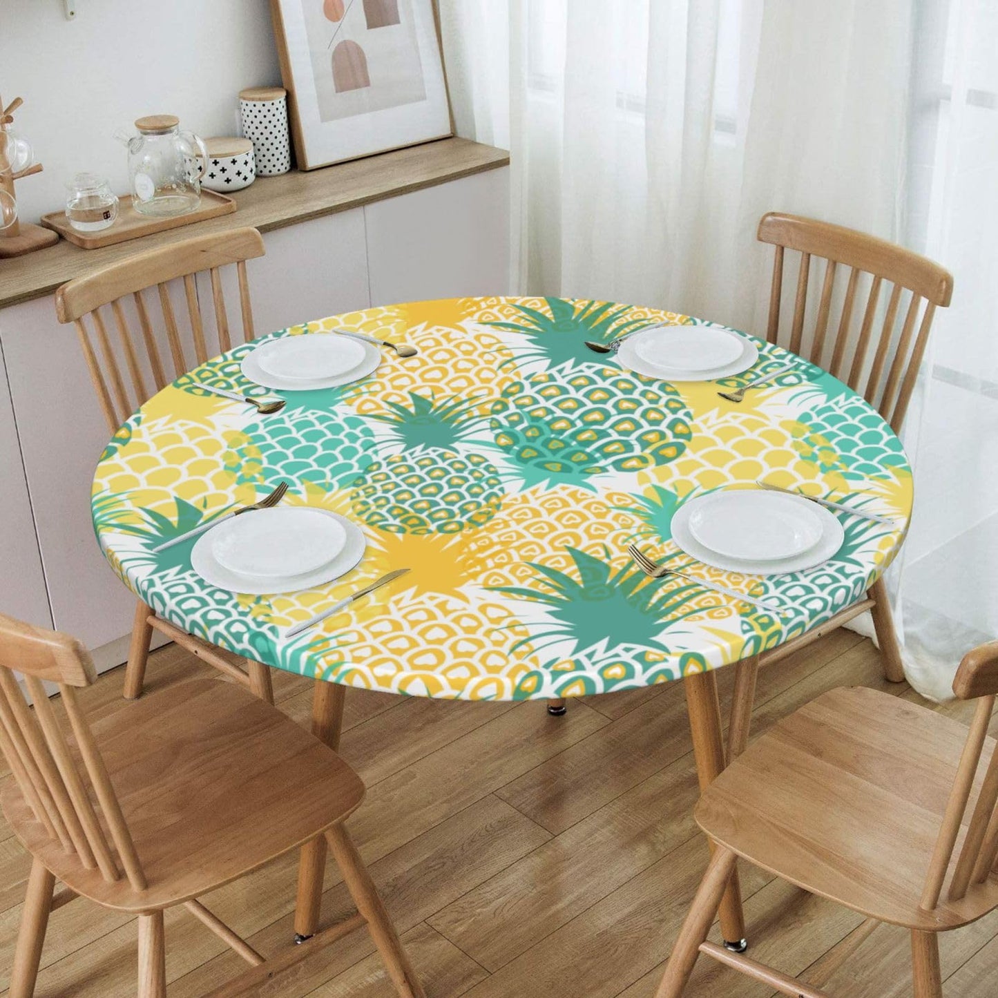 Blue Petal Mandala Pattern Tablecloth with Elastic Edge, Round Table Cover Washable Reusable Bohemian Table Cloths for Kitchen Dining Party, Medium (Fits 45-50 in) BST202