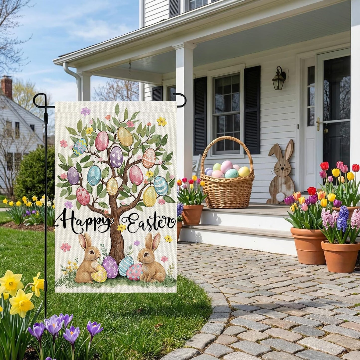 CROWNED BEAUTY Easter Garden Flag Eggs Tree 12x18 Inch Double Sided Bunny Holiday Decoration for Outdoor Lawn Yard WN420