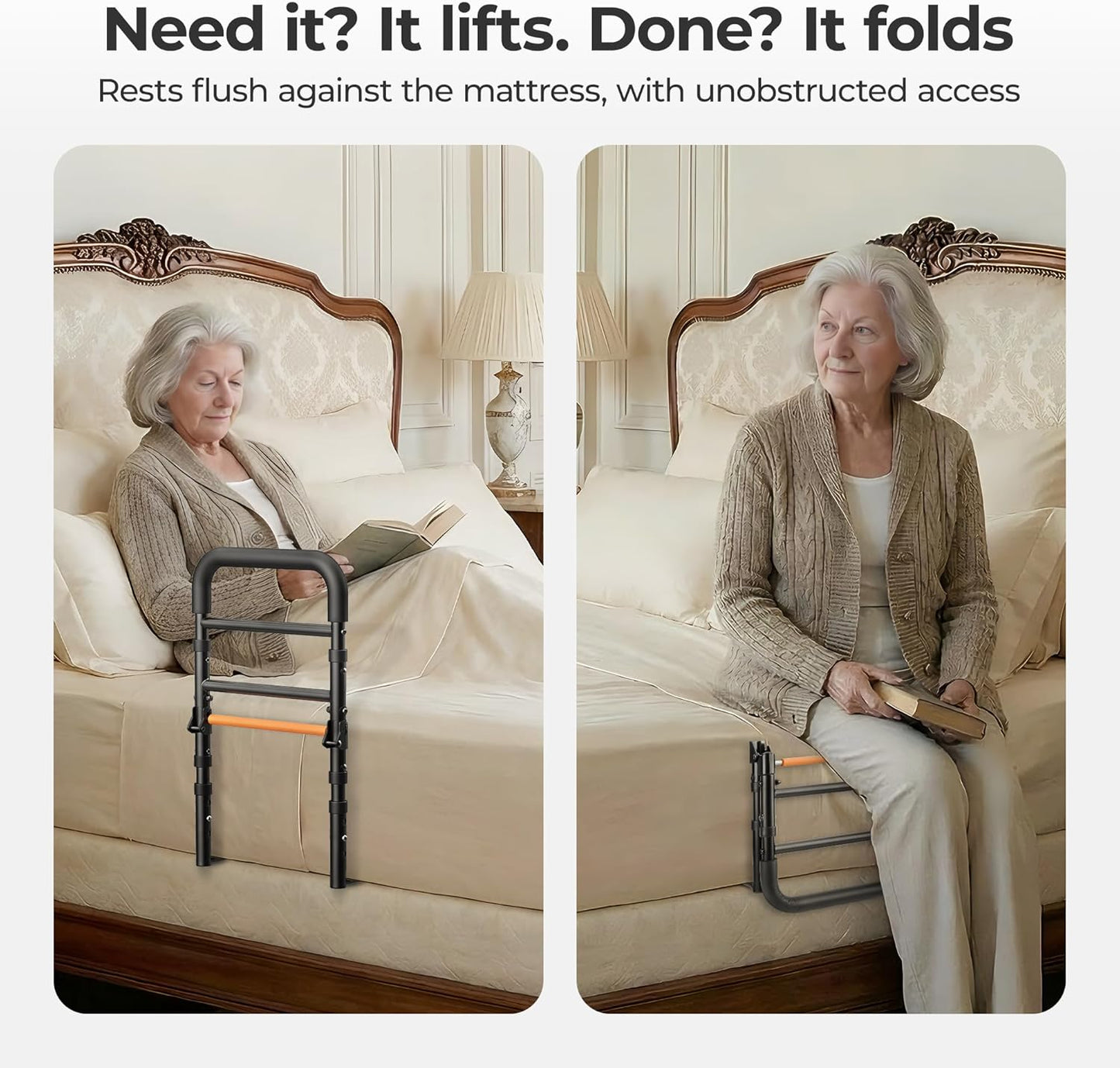 C1 Fold Bed Rails for Elderly Adults Safety - Foldable Bed Assist Rail with Adjustable Height, Tool-Free Folding, Sturdy up to 350 Lbs, Bed Cane Fits King Queen Twin Beds