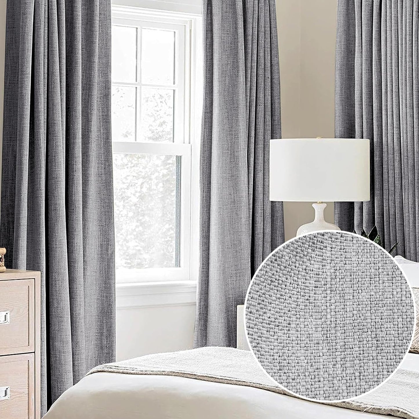 Grey Full Blackout Linen Curtains 84-inch-Long Thermal Insulated Noise Reducing Bedroom Drapes Rustic Farmhouse Triple Weave Window Treatment Set for Theatre, Nursery, 40"x84"x2, Grey BST202