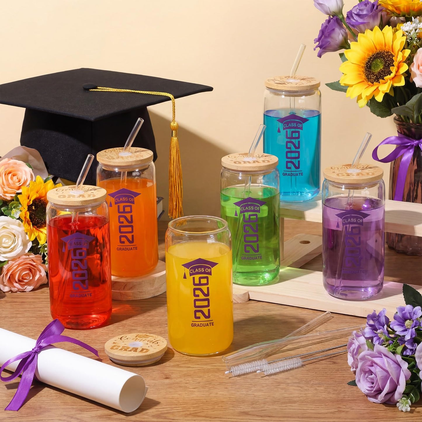 6 Pcs Red and Blue Class of 2026 Graduation Gifts Graduation Glass Cup with Lids Straw 16oz Congrats Grad Coffee Mugs for Her Him Men Women Middle & High School College Tumbler Party Favor BST326H