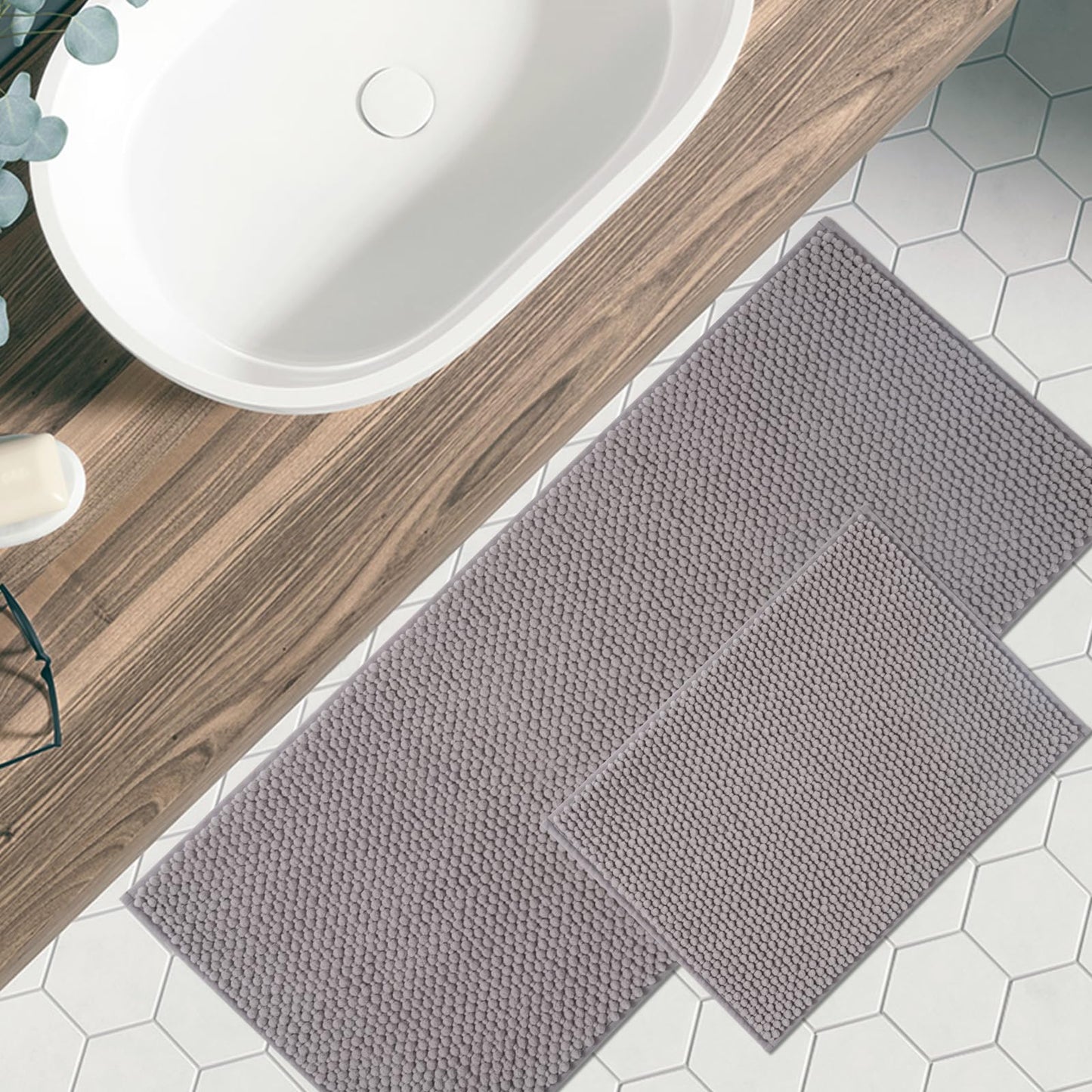 FRESHMINT Chenille Bathroom Rugs Sets 2 Piece 17"x24"+20"x32", Non-Slip Bath Mats, Absorbent Bath Rug, Washable Set of 2 Shower Floor Mat, Gray BST220