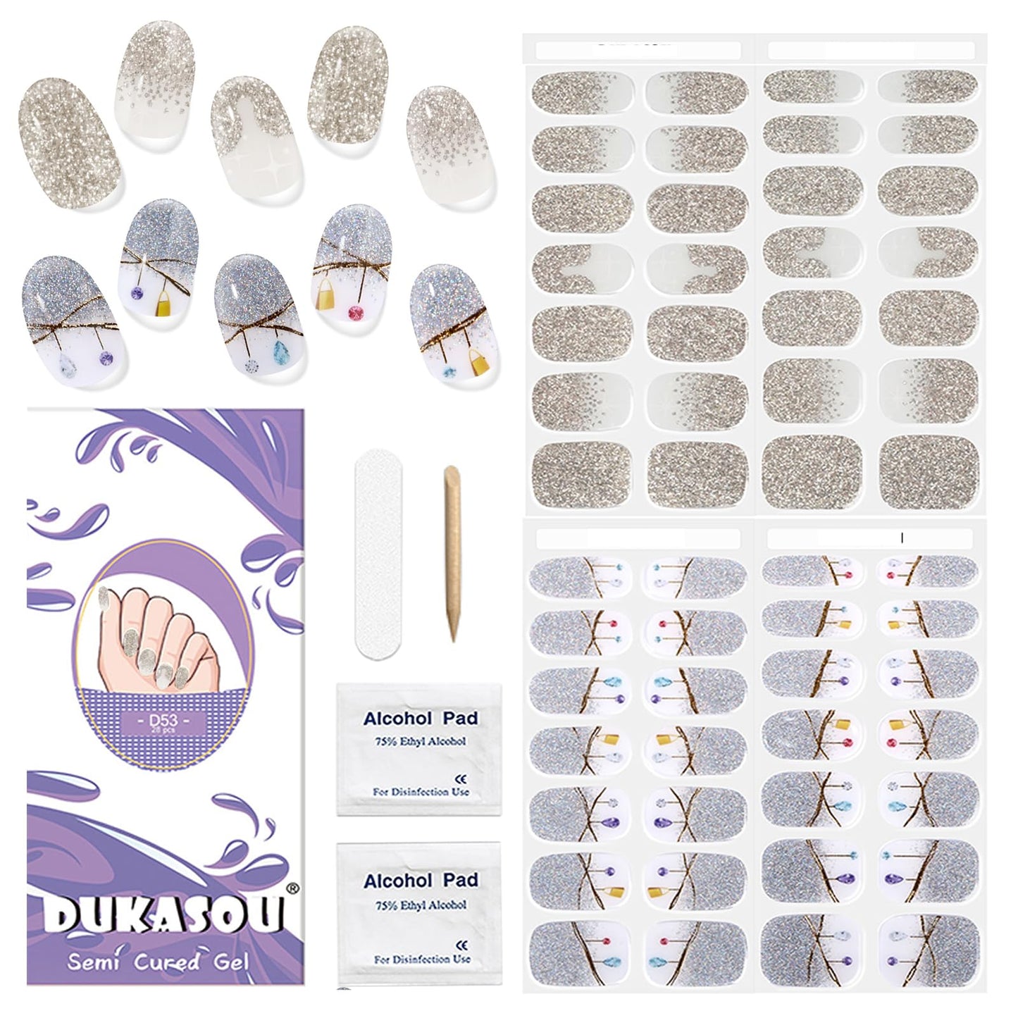 Semi Cured Gel Nail Strips, 56Pcs Nail Art Stickers/Wraps, Long Lasting UV Nail Polish Strips for Adults (Silver Rhinestones+French Tip Glitter) BST220
