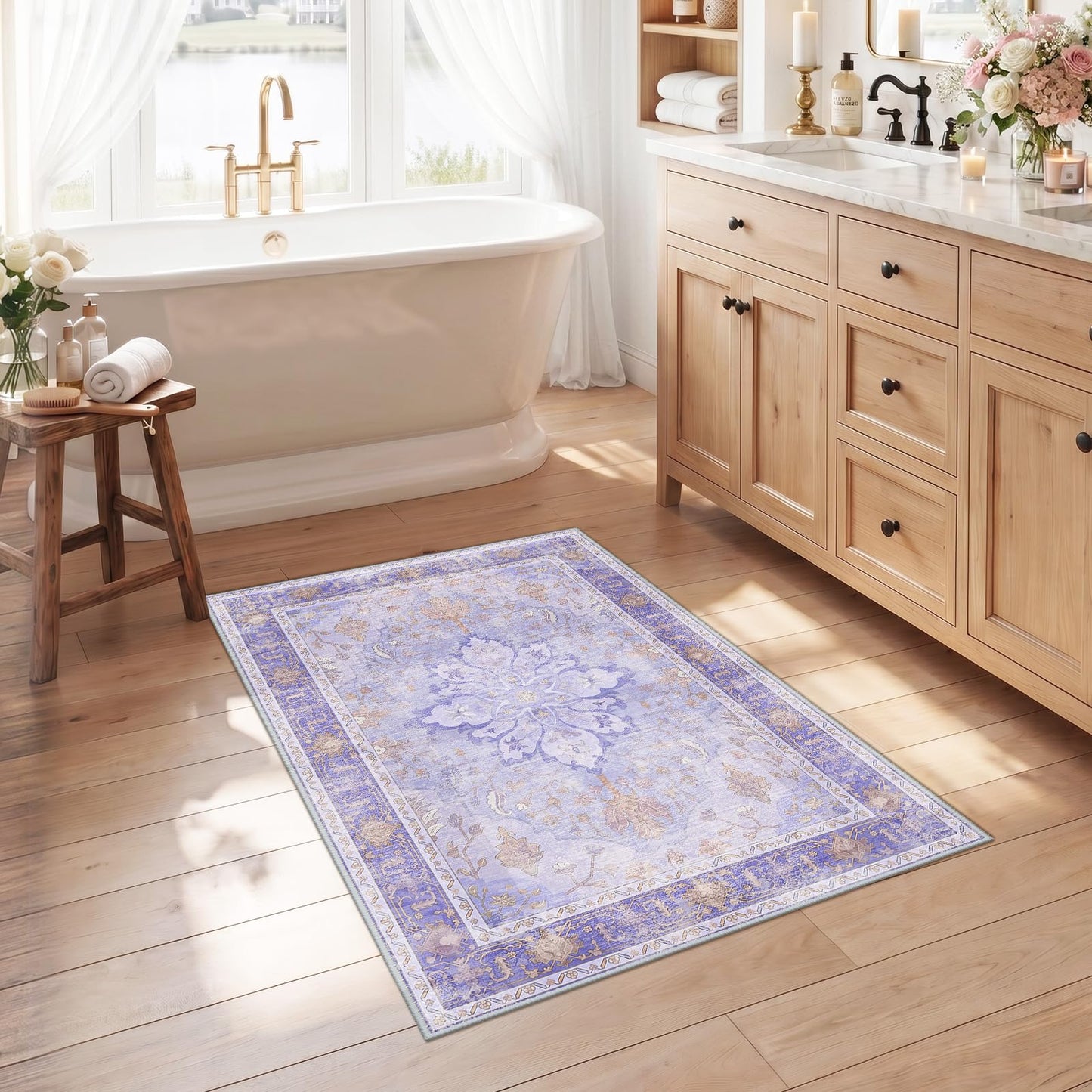 RELEANY Area Rugs Runner 2'x6' Washable Non-Slip, Floral Vintage Distress Medallion Carpet for Kitchen Hallway Bedroom Beside Laundry Room Bathroom, Teal Green Lake Blue Turquoise DD1210