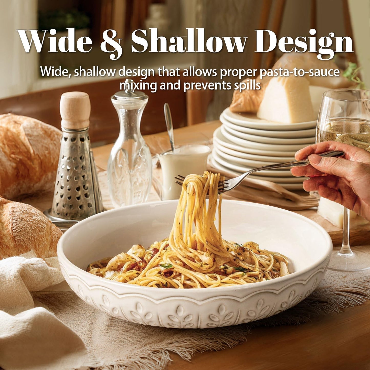 Artena Pasta Bowls, 50oz Large Salad Serving Bowls, 9.75'' Plates Bowls Set of 4, Big White Ceramic Soup Bowls for Kitchen, Embossment Shallow Dinner Bowl, Microwave Dishwasher Safe, Willow Leaf BST326H