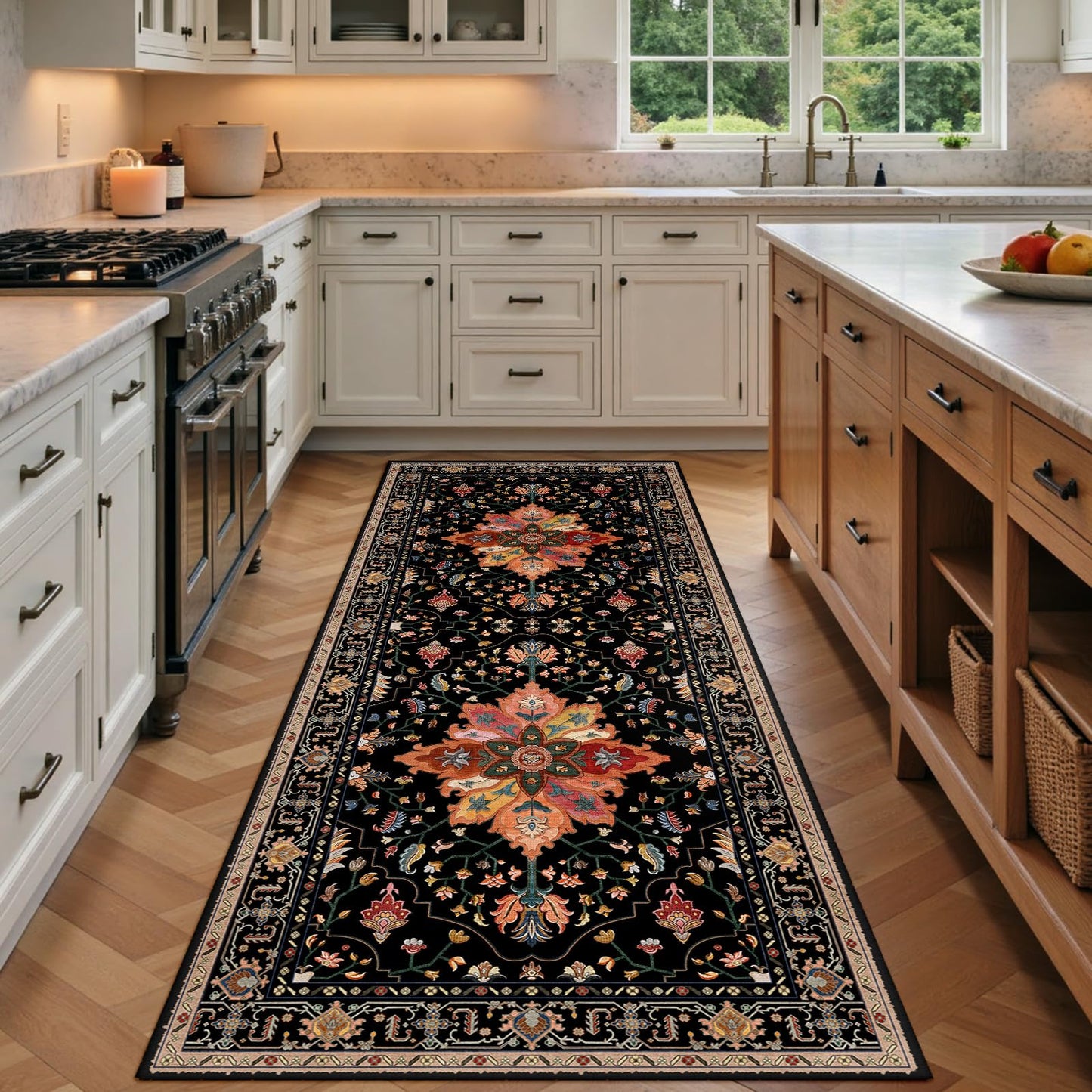 RELEANY Area Rugs Runner 2'x6' Washable Non-Slip, Floral Vintage Distress Medallion Carpet for Kitchen Hallway Bedroom Beside Laundry Room Bathroom, Teal Green Lake Blue Turquoise DD1210
