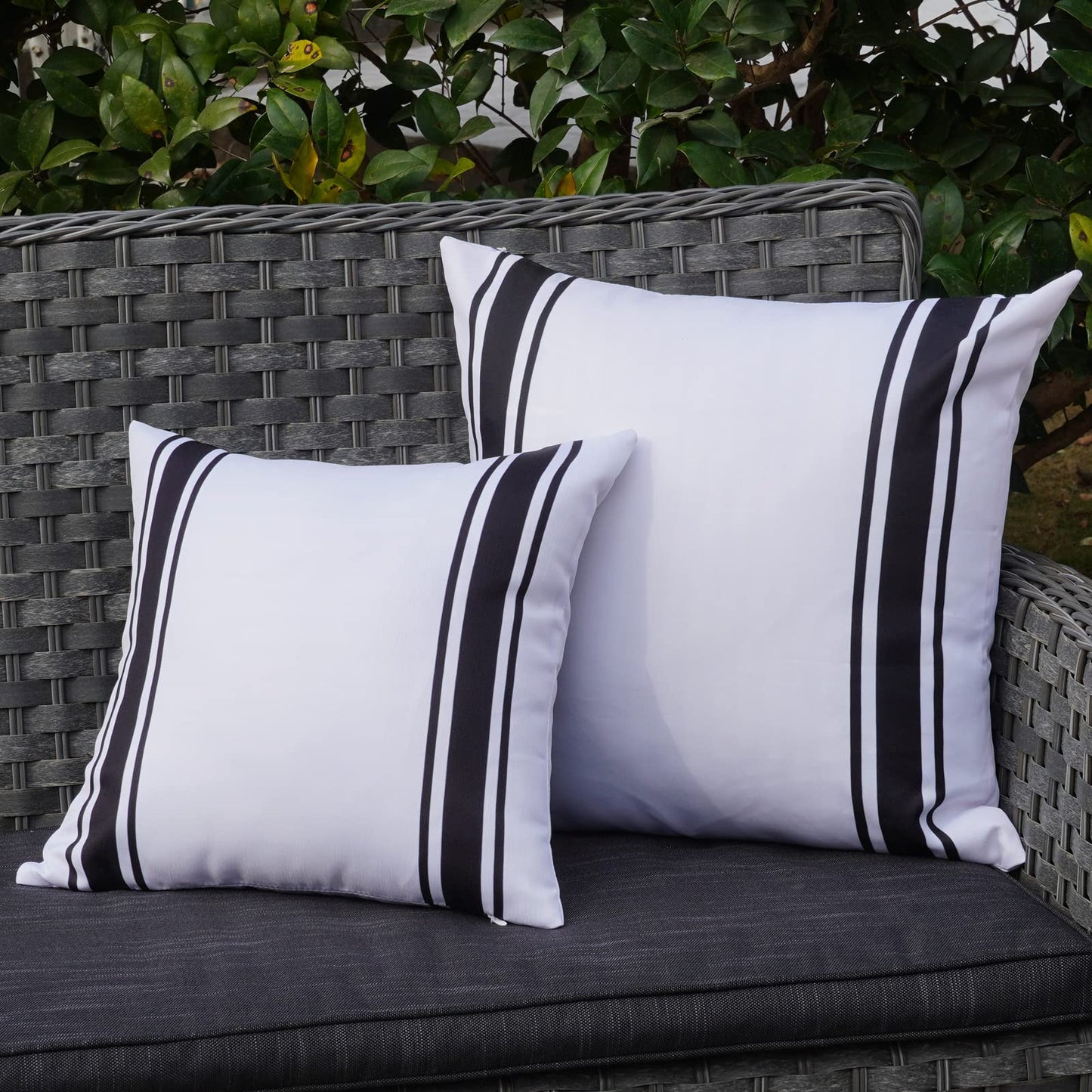ONWAY Outdoor Pillow Covers Waterproof 18x18 Set of 2 Decorative Linen Throw Pillow Cover Beige and Black Striped Outdoor Pillows for Patio Furniture BST220