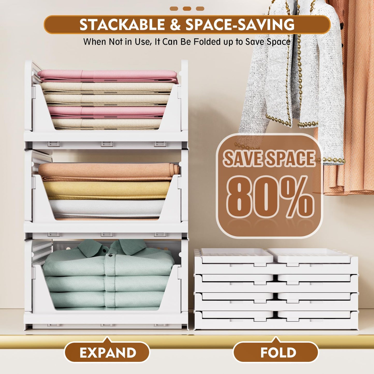 SNSLXH 5 Pack Stackable Closet Storage Basket, Multifunctional & Foldable Closet Organizer N28