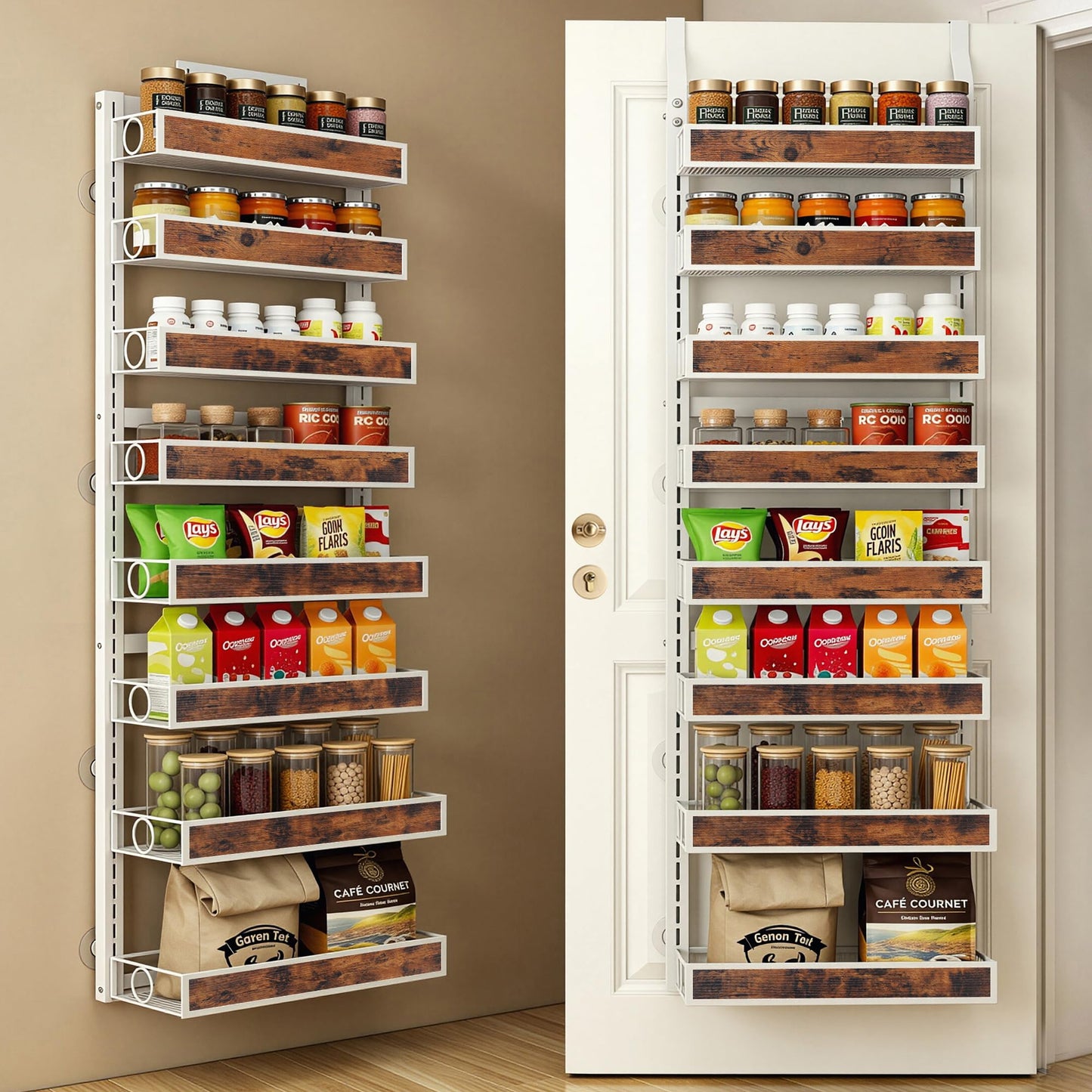 8 Tier Over The Door Pantry Orangizer 2 IN 1 Wall Mounted or Hanging Spice Rack with Adjustable Wood Basket,Heavy Duty Seasoning Storage Shelf for Kitchen Pantry and Bathroom BST220