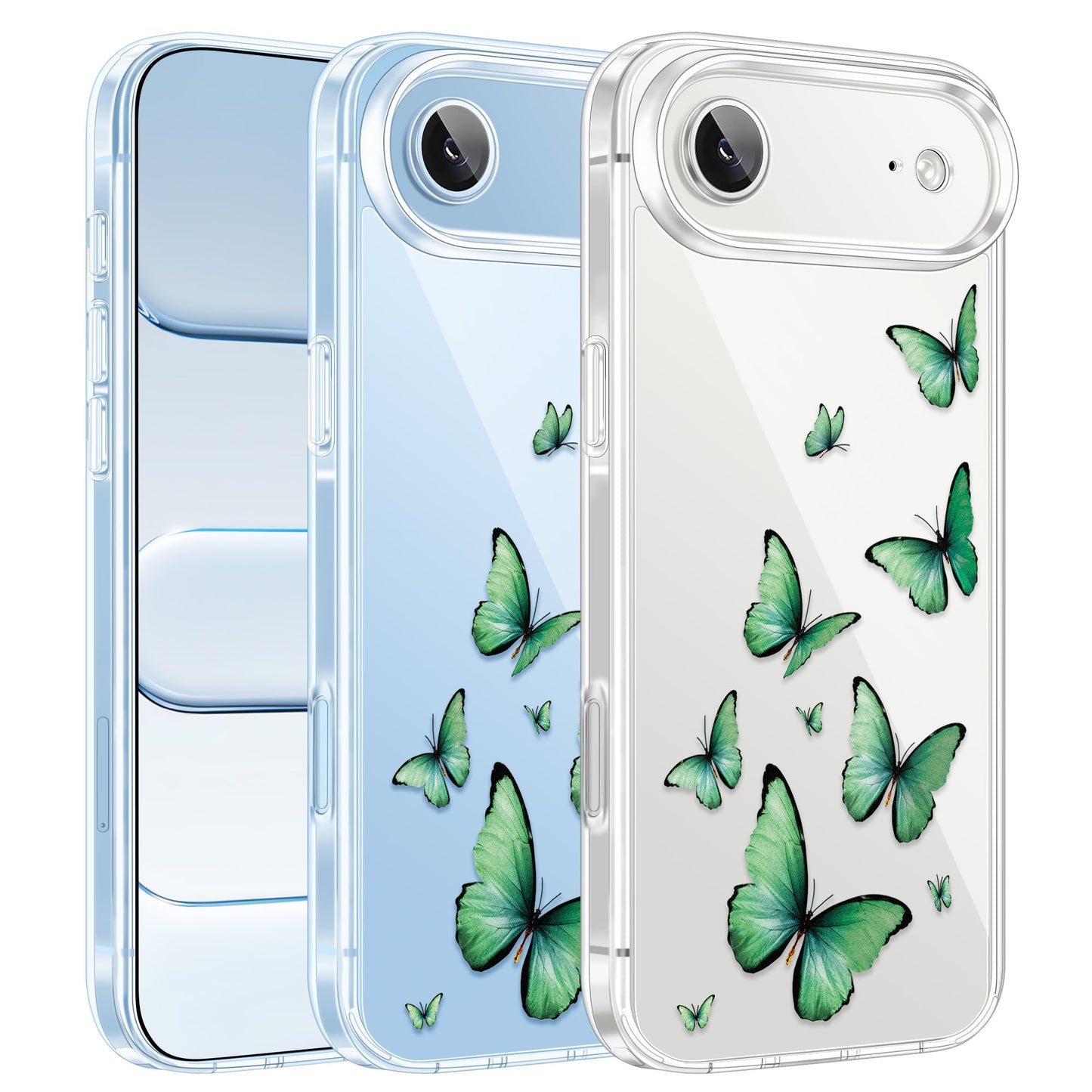 Cute Girly Crystal Clear Case Compatible with iPhone 16 Pro, Camera Control & Shockproof Protection Floral Case for Women, Blue Butterflies WN420
