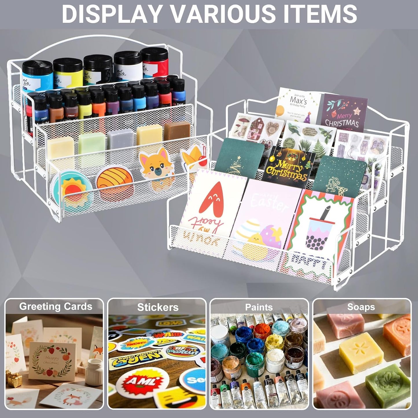 ANBOXIT Greeting Card Display Stand, Metal Rack Holder Organizer | for Retail Stores Vendors, Postcards, Stickers, White - 4 Tier BST202