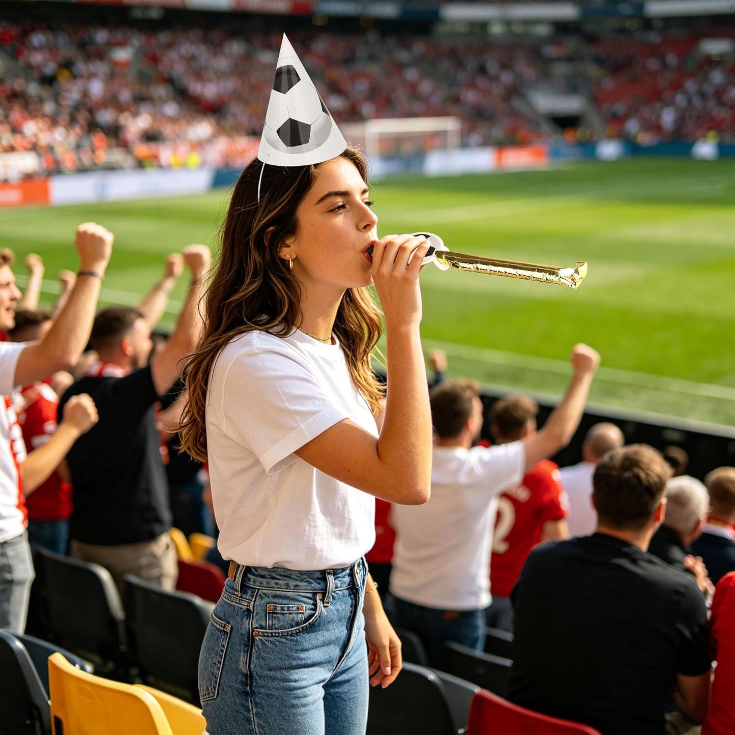 24 Pcs Soccer Party Supplies Kit, Football Paper Hats & Football Blowers Horn Noisemakers Photo Booth Props for Adults Sports Soccer Game Days Sports Event Birthday Party Favor Decor (Set A) BST202