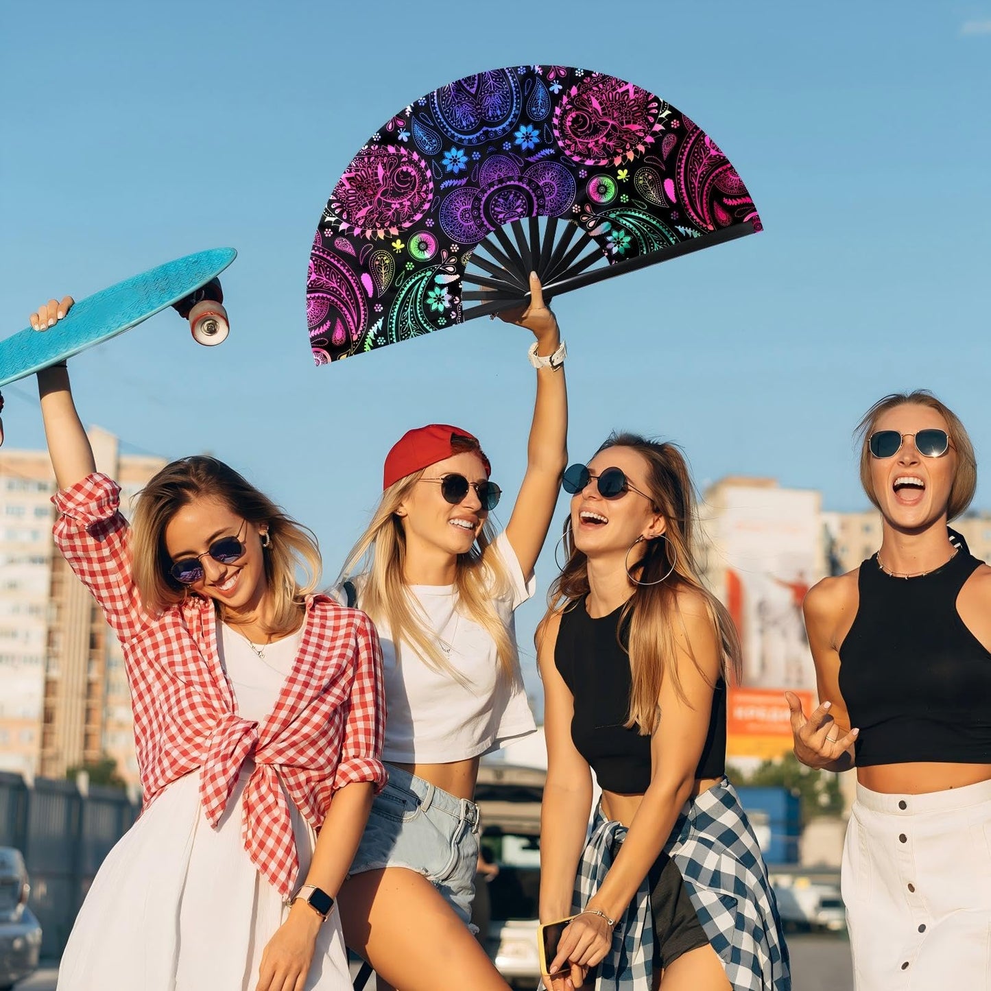FairySandy Large Rave Fan UV Glow Clack Summer Hand Fan with Thigh Holster for Women Carnival Party Supplies for Carnival Edm Music Festival Club Accessories(Cool Style,Black) WN420