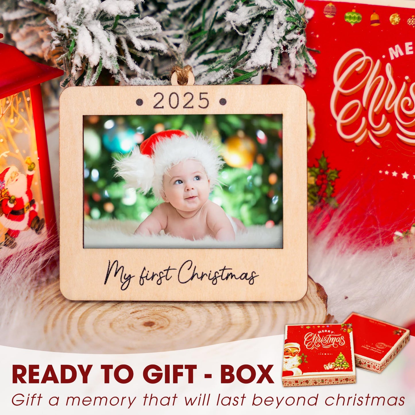 Hangwoous Baby's First Christmas Photo Frame Ornament 2025 | Wooden portrait frame keepsake, first Christmas photo gift for baby BST202