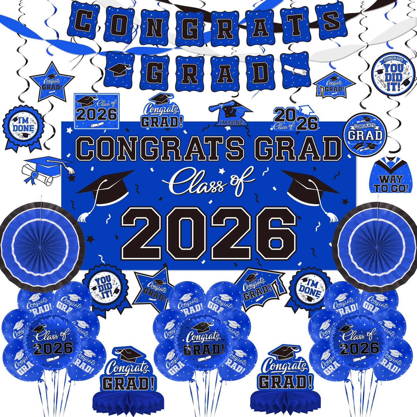 Black and Gold Themed 2026 Graduation Decorations Set - Congrats Grad Banner, Class of 2026 Backdrop, Balloons & Streamers Kit - Graduation Party Supplies for High School & College Celebrations BST326H