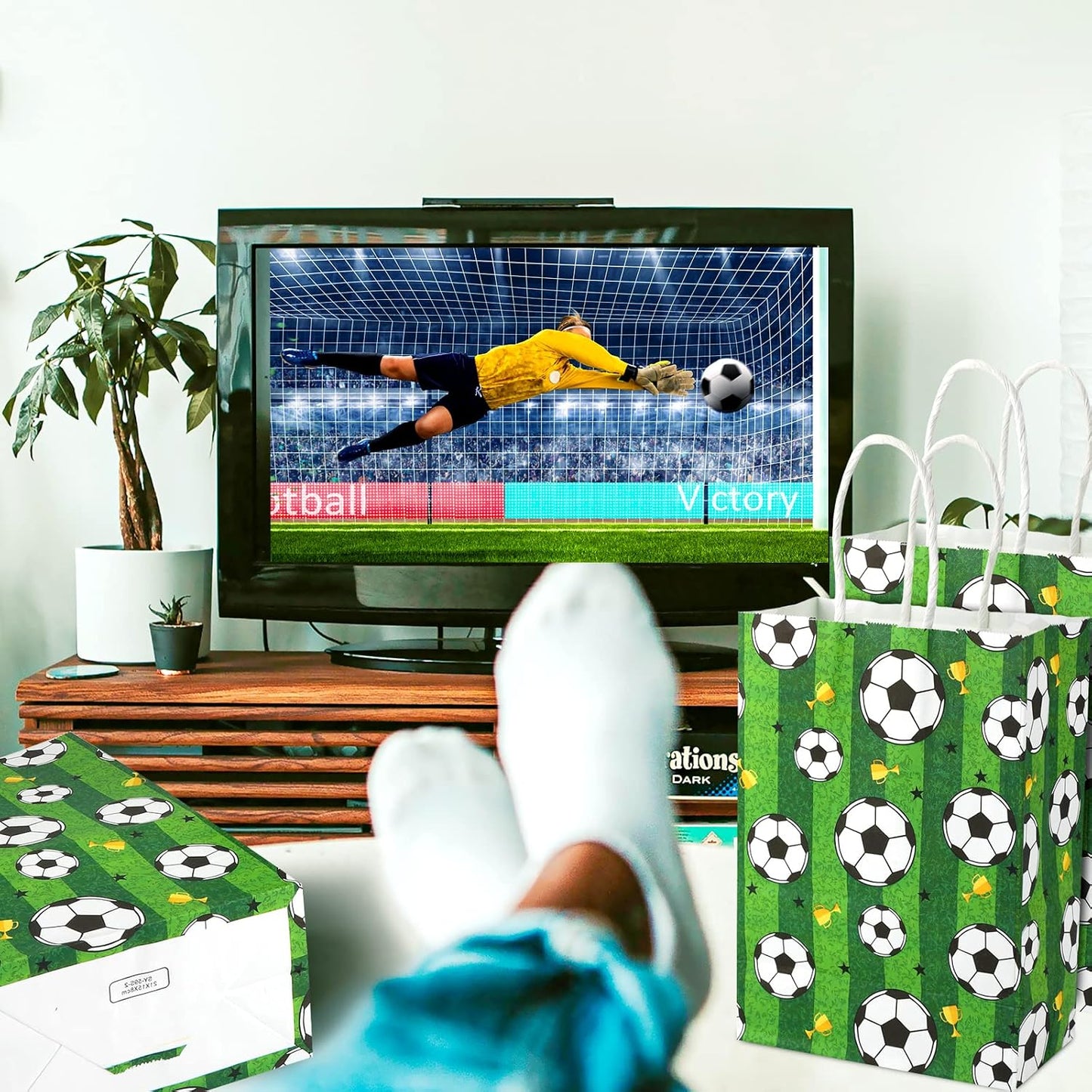 16pcs Soccer Party Favor Paper Bags - Green Football Gift Bags with Handles for Kids & Adults Team Soccer Party Goodie Snacks Treat Supplies WN420