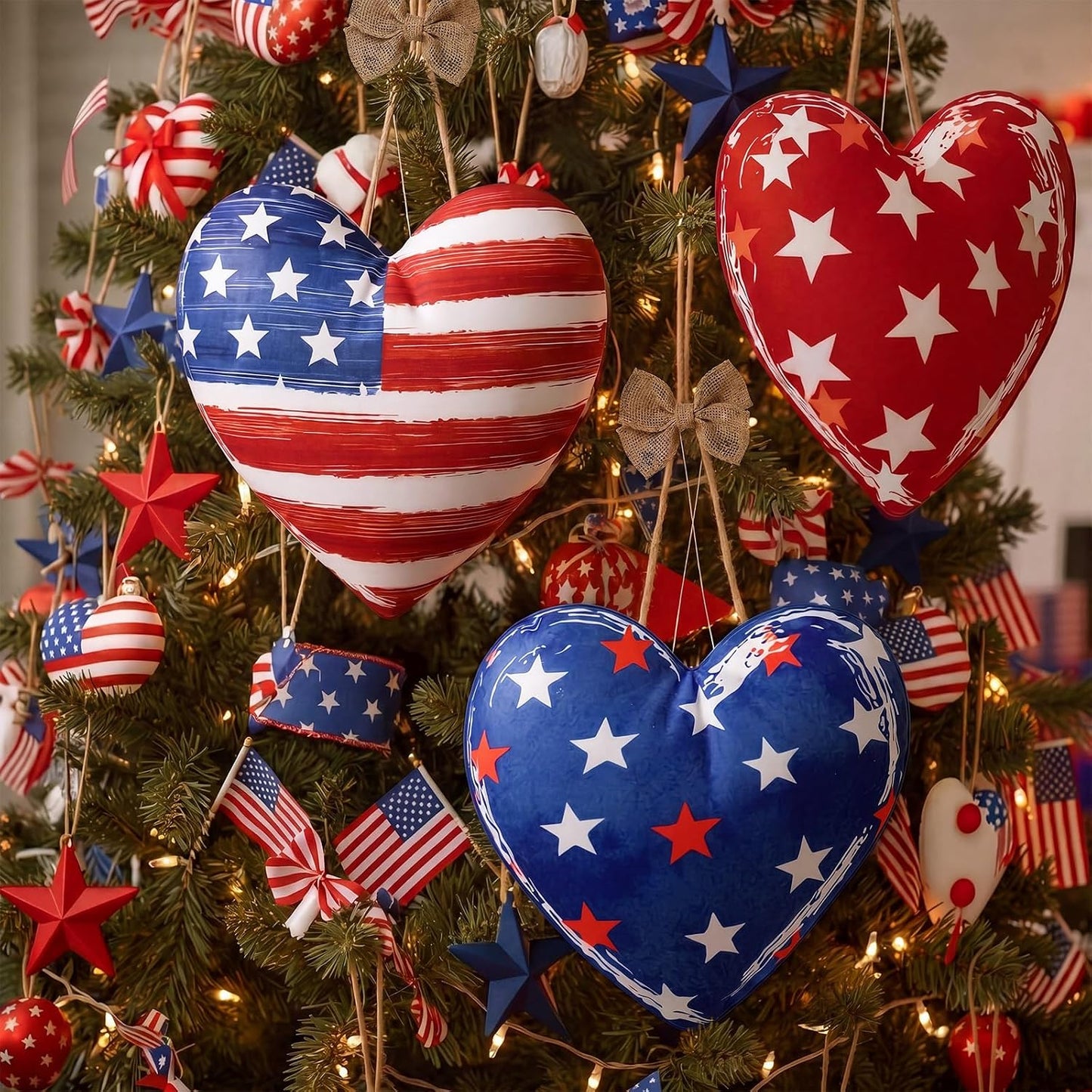 Moukeren 3 Pcs 4th of July Tree Decorations 12 Inch Large Red White Blue Decorations Patriotic Mantel Decor Fabric Heart Hanging Ornaments for Independence Day 250th Anniversary Rustic Farmhouse Style BST202